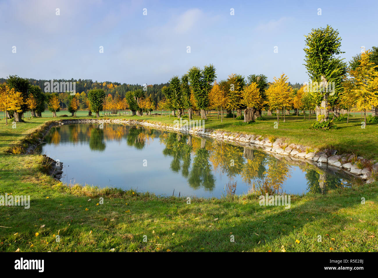 Artificial lake and romantic fall scenery in Barockparken (Barock park), Upplands Vasby, STHLM, Sweden Stock Photo