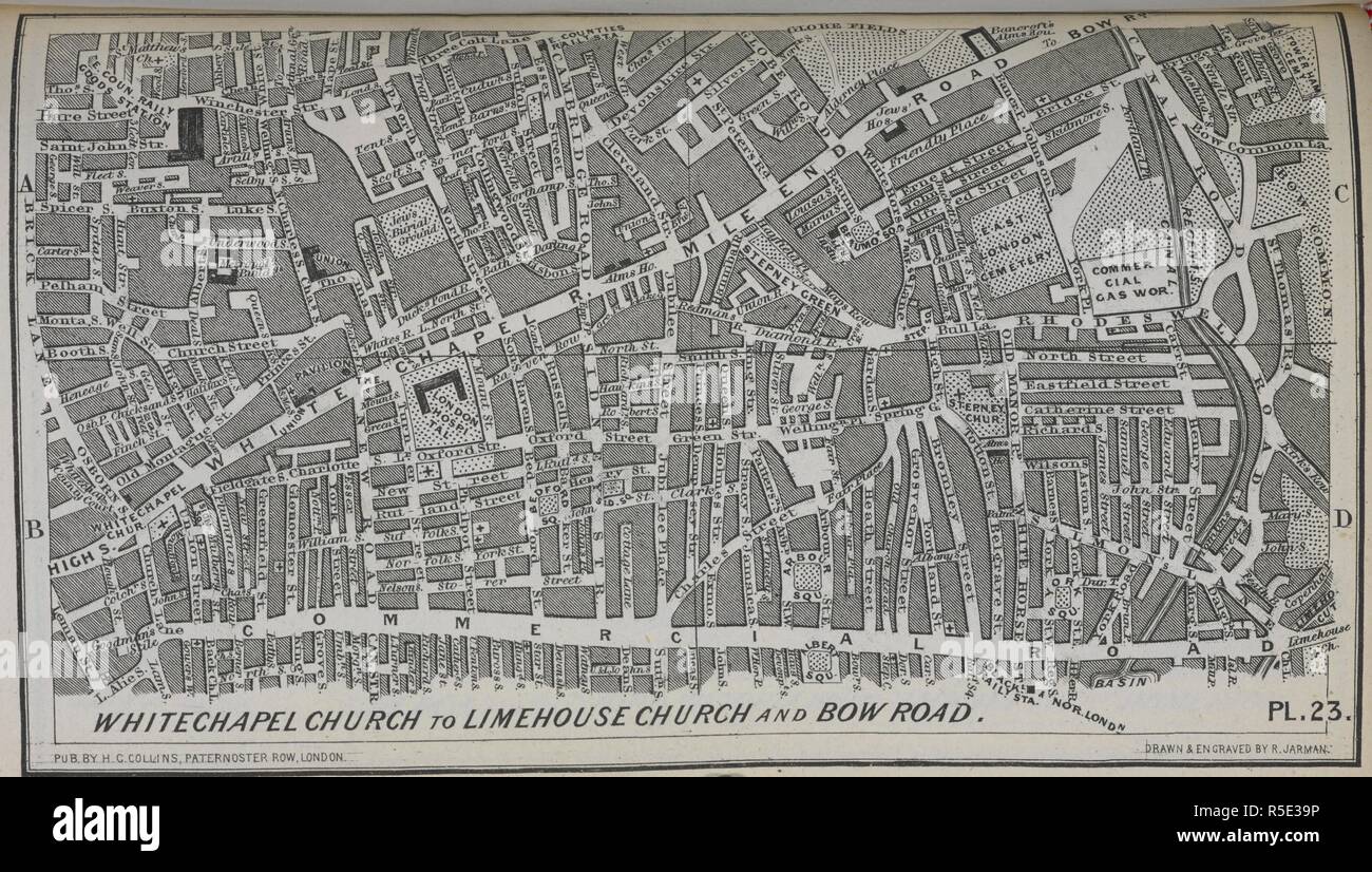 Whitechapel Church to Limehouse Church and Bow Road. Part of the first street atlas of London published in 1854. Collins' Illustrated Atlas of London with 7000 references, in 36 plates of the principal routes between St. Paul's and the suburbs, from a survey made expressly for this work, by R. Jarman. London, [1854]. Source: Maps 28.bb.22, plate 23. Language: English. Stock Photo