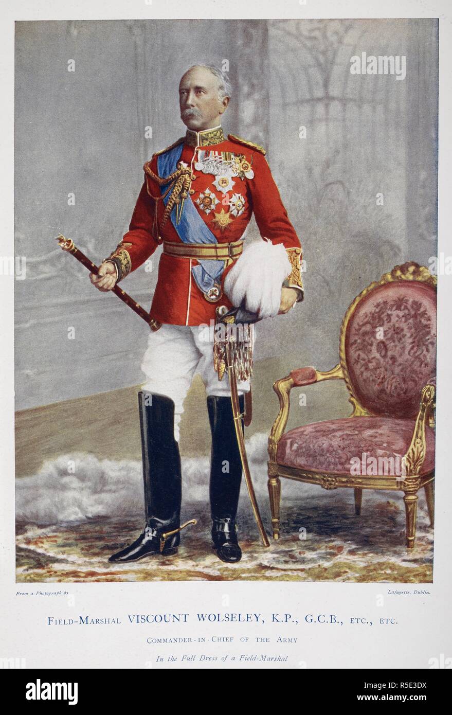 Field-Marshal Viscount Wolseley. Celebrities of the Army. [Coloured portraits, with. London, 1900. Field-Marshal Viscount Garnet Joseph Wolseley, KP, GCB (1833-1913). Portrait. British field marshal. Commander-in-Chief of the army. In the Full dress of a Field-Marshal.  Image taken from Celebrities of the Army. [Coloured portraits, with short biographical notices.] Edited by Commander C. N. Robinson.  Originally published/produced in London, 1900. . Source: 1766.a.3, 8. Language: English. Author: Robinson, Charles Napier. Lafayette. Stock Photo