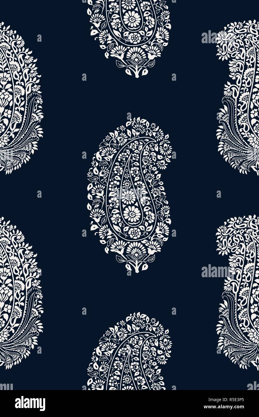 Indigo dye woodblock printed ethnic seamless paisley pattern ...