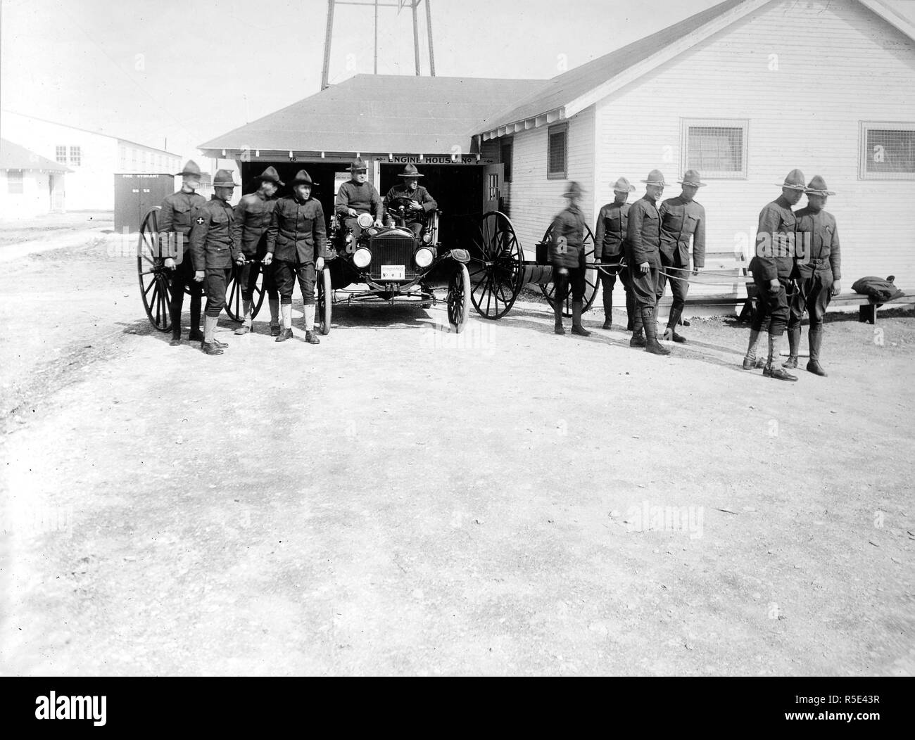 Fire department, Camp Dix, New Jersey, answering call ca. 1918 Stock