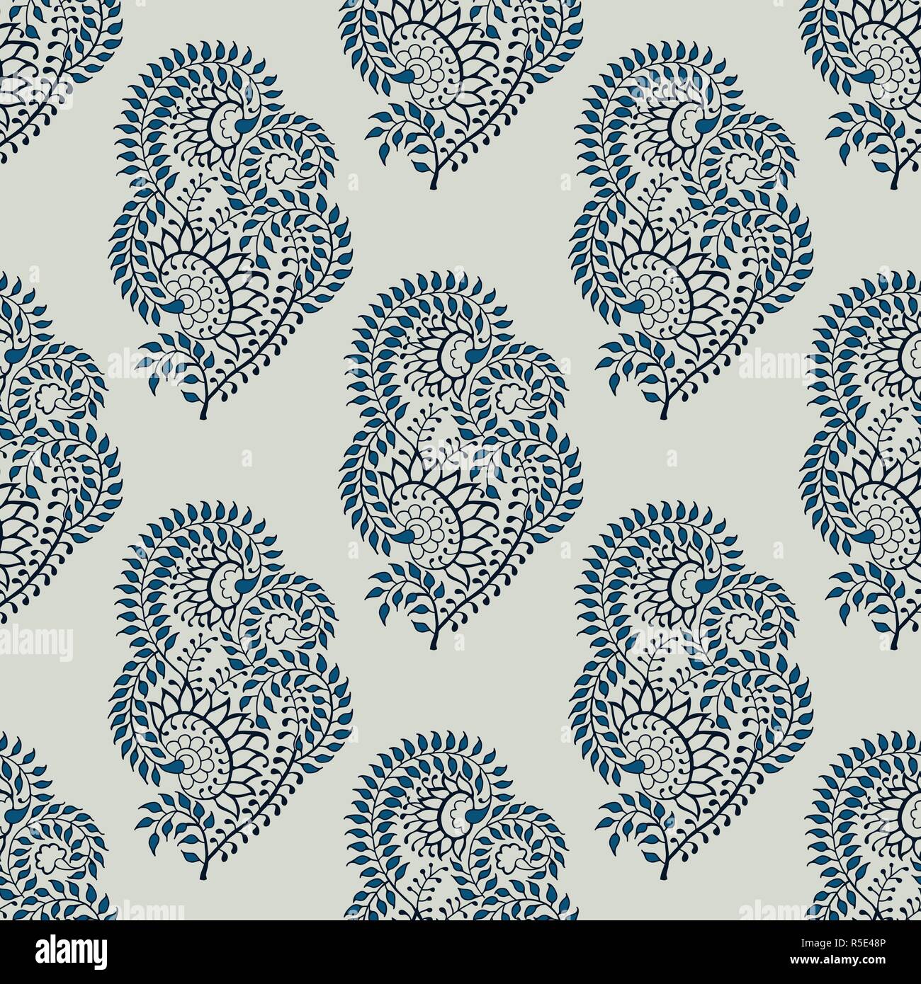 Seamless indigo dye woodblock printed paisley pattern. Traditional ...