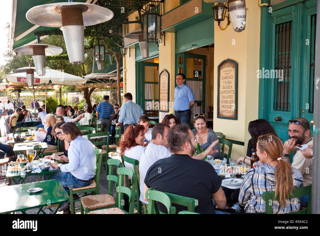 Restaurant, taverna, cafe below Acropolis, Plaka, Athens Stock Photo