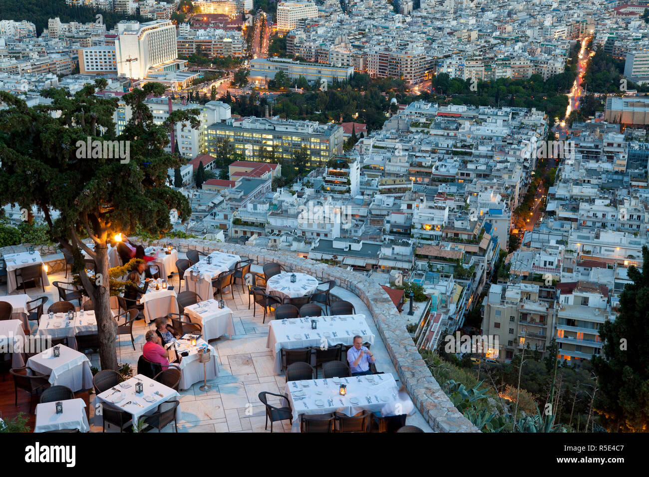 Al Fresco Dining with View, Orizontes Restaurant, Lykavittos Hill Athens, Greece Stock Photo