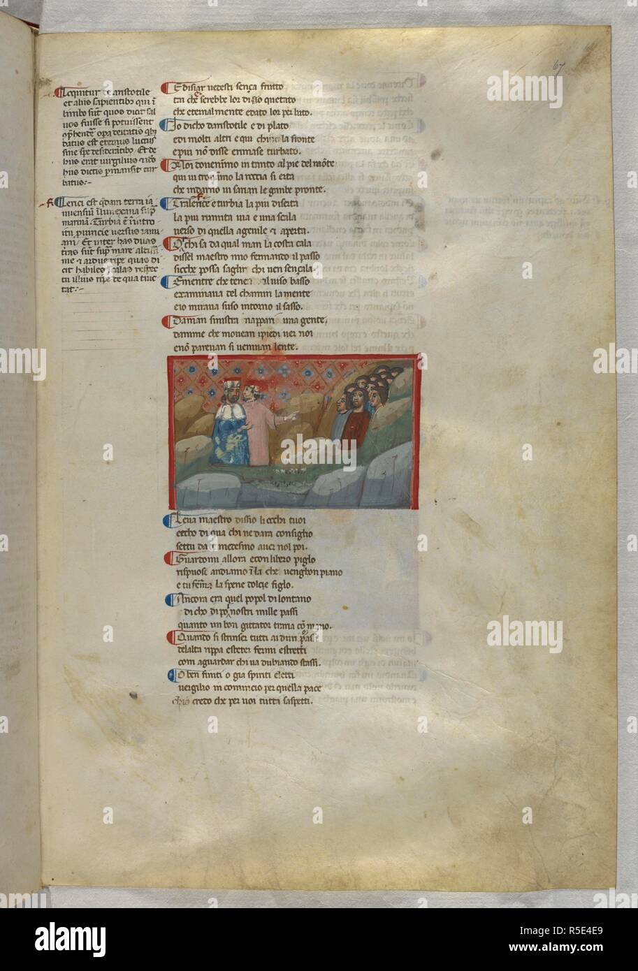 Purgatorio: Dante and Virgil meeting a group of souls of those who were excommunicated in Ante-Purgatory. Dante Alighieri, Divina Commedia ( The Divine Comedy ), with a commentary in Latin. 1st half of the 14th century. Source: Egerton 943, f.67. Language: Italian, Latin. Stock Photo