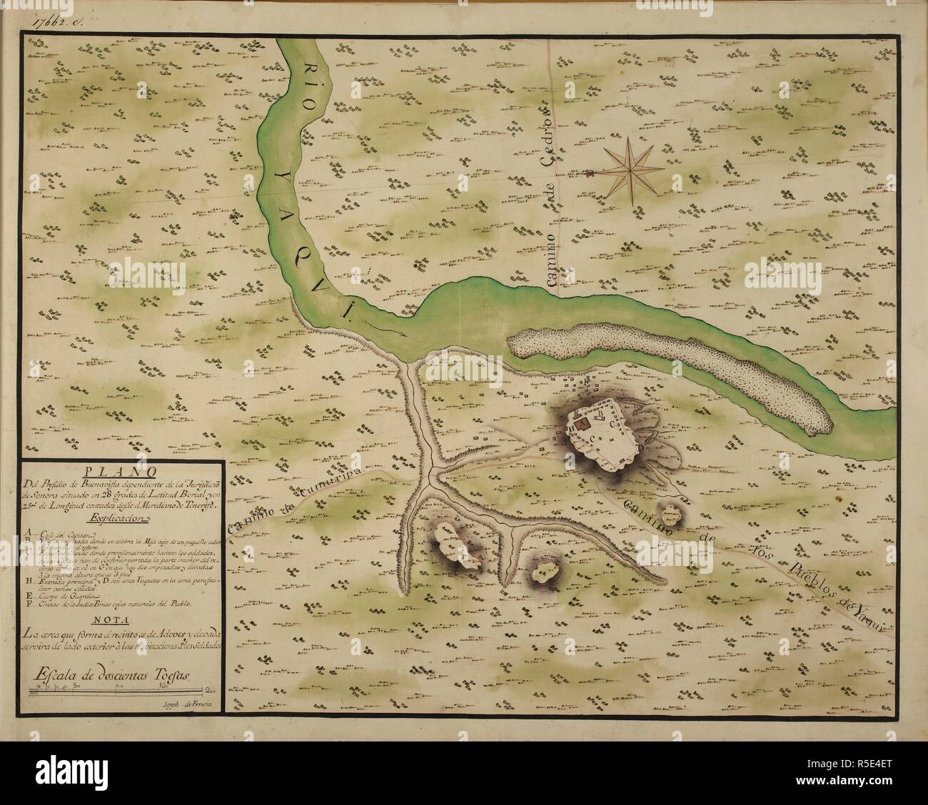 Plano del presidio de Buenavista dependiente de la jirisdicio de Sonora situado en 28 grados de latitud boreal y en 257Â° de longitud contrados desde el meridiano de Tenerife. TWENTY-ONE coloured maps and plans of towns and various settlements in the North of Mexico with their environs; all, except one, situated in the Provincias Internas. By Joseph de Urrutia. Paper, XVIIIth cent. Folio. Ca. 1768. Source: Add. 17662 c4. Stock Photo