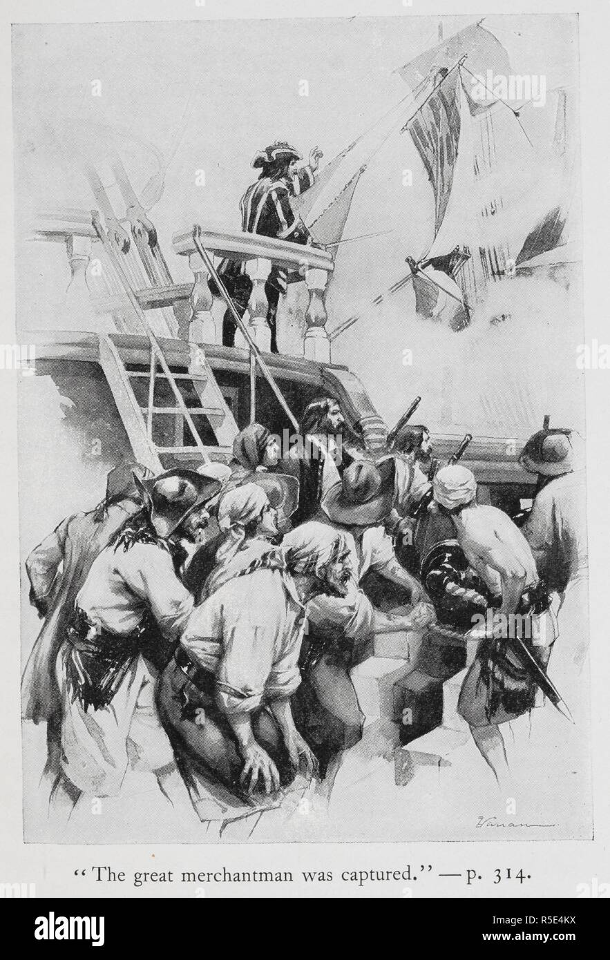 'The great merchantman was captured'. Illustration showing pirates waiting to board a ship. Buccaneers and Pirates of our Coasts ... New York, 1898. Source: 9770.aa.8, opposite 314. Author: Stockton, Frank Richard. Varian, G. Stock Photo