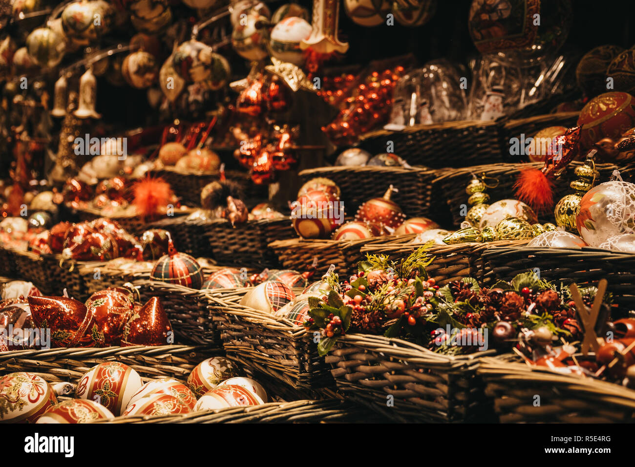 Variety of Christmas tree decorations on sale at a European Christmas