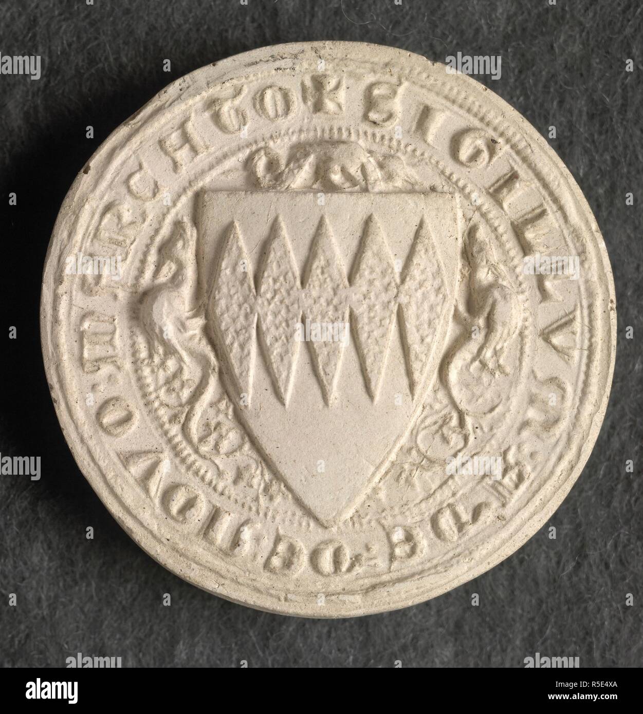 Seal of Adam de Novo Mercato. England. [Whole seal] Impression of the seal of Adam de Novo Mercato [Newmarch], with heraldic shield  Originally published/produced in England. . Source: Seal CI.2,. Language: Latin. Stock Photo