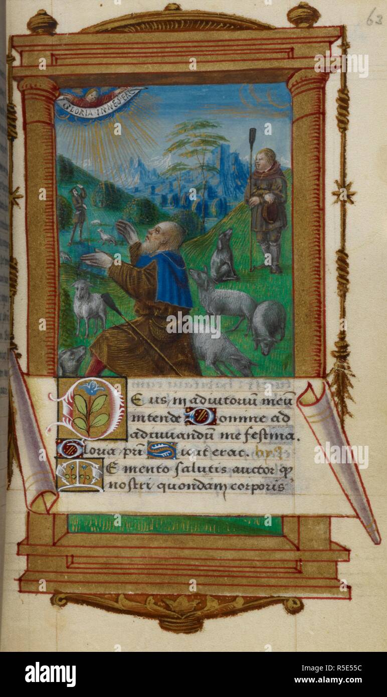 Annunciation of the shepherds. Hours of the Virgin, the Cross, and the Holy Ghost, with penitential psalms, vigils of the dead, commemorations, etc. 16th century. Source: Add. 31240, f.62. Language: English and French. Stock Photo