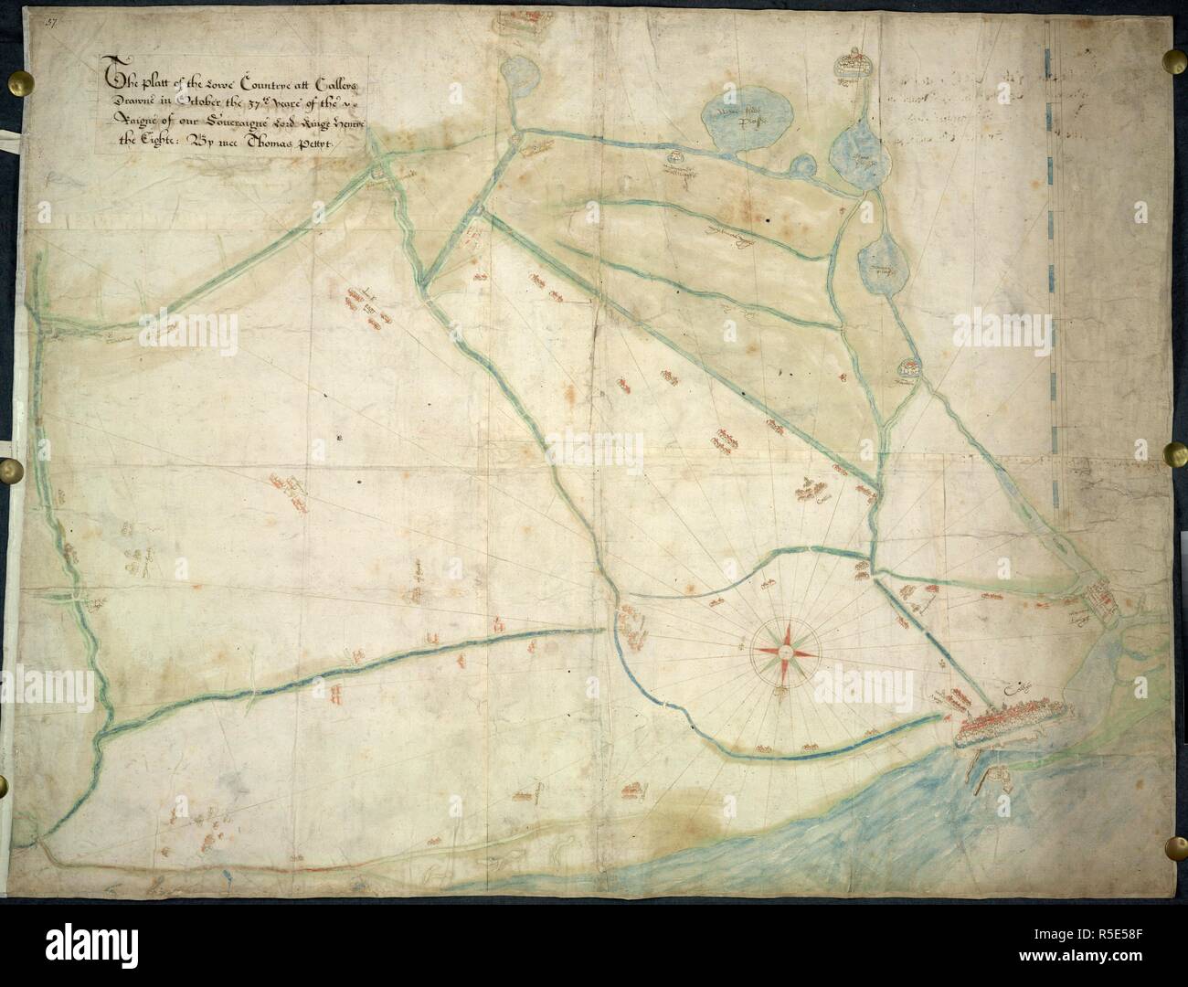 The platt of the Lowe Countrye att Calleys.  This is a map of Calais, France and the surrounding area from the sea. It was drawn in October 1545 by Thomas Petit. The platt of the Lowe Countrye att Calleys. 1545. Medium: Ink and tempera on parchment. Source: Cotton Augustus I.ii.57.B. Stock Photo