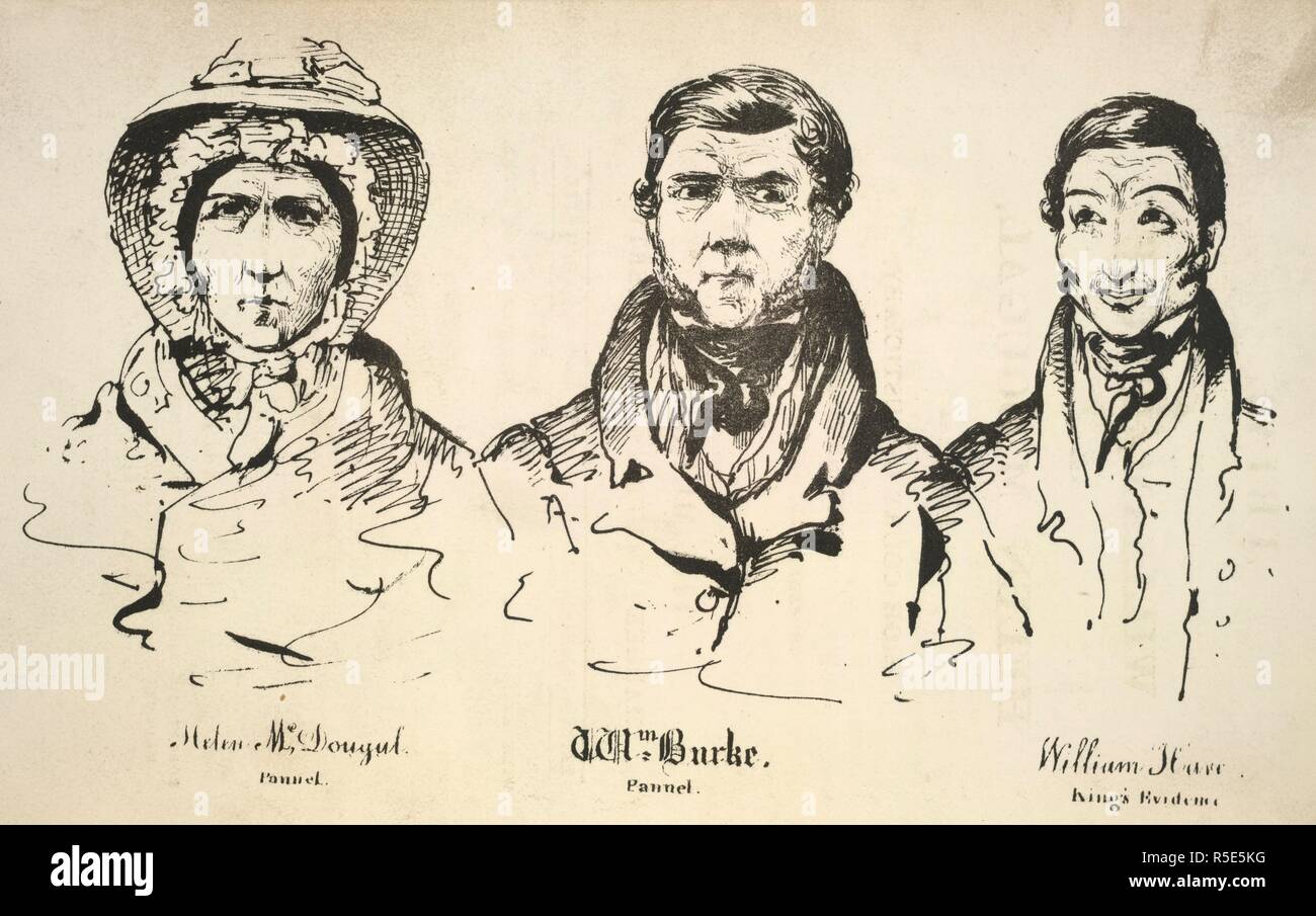 McDougal, Burke and Hare. Trial of William Burke and Helen M'Dougal, before. Robert Buchanan: Edinburgh, 1829. Helen McDougal; William Burke (1792-1829) and William Hare (d.1860s). Burke and Hare commited a series of murders, supplying the corpses to Dr Robert Knox, the anatomist, for dissection. Hare turned King's evidence. Burke was hanged.  Image taken from Trial of William Burke and Helen M'Dougal, before the High Court of Justiciary, at Edinburgh December 24. 1828, for the murder of Margery Campbell, or Docherty. Taken in short hand by Mr. John Macnee With portraits, etc. (Supplement to t Stock Photo