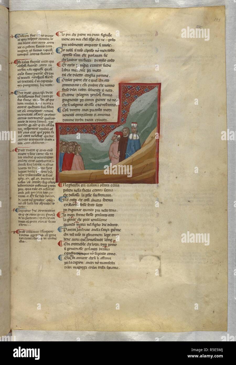 Purgatorio: They meet the gluttons. Dante Alighieri, Divina Commedia ( The Divine Comedy ), with a commentary in Latin. 1st half of the 14th century. Source: Egerton 943, f.104. Language: Italian, Latin. Stock Photo