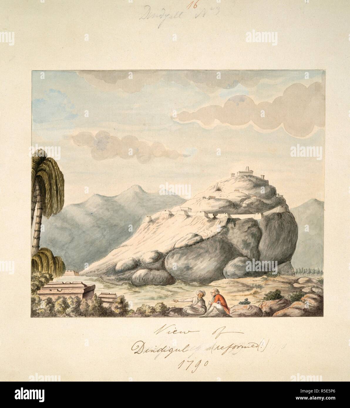 View of Dindigul. India, 1790. View of Dindigul with an English officer, perhaps Colin Mackenzie, and an Indian in the foreground. Inscribed on front in ink: 'View of Dindigul (?) 1790'. Watercolour.  Originally published/produced in India, 1790. . Source: WD 640, f.3(16). Stock Photo