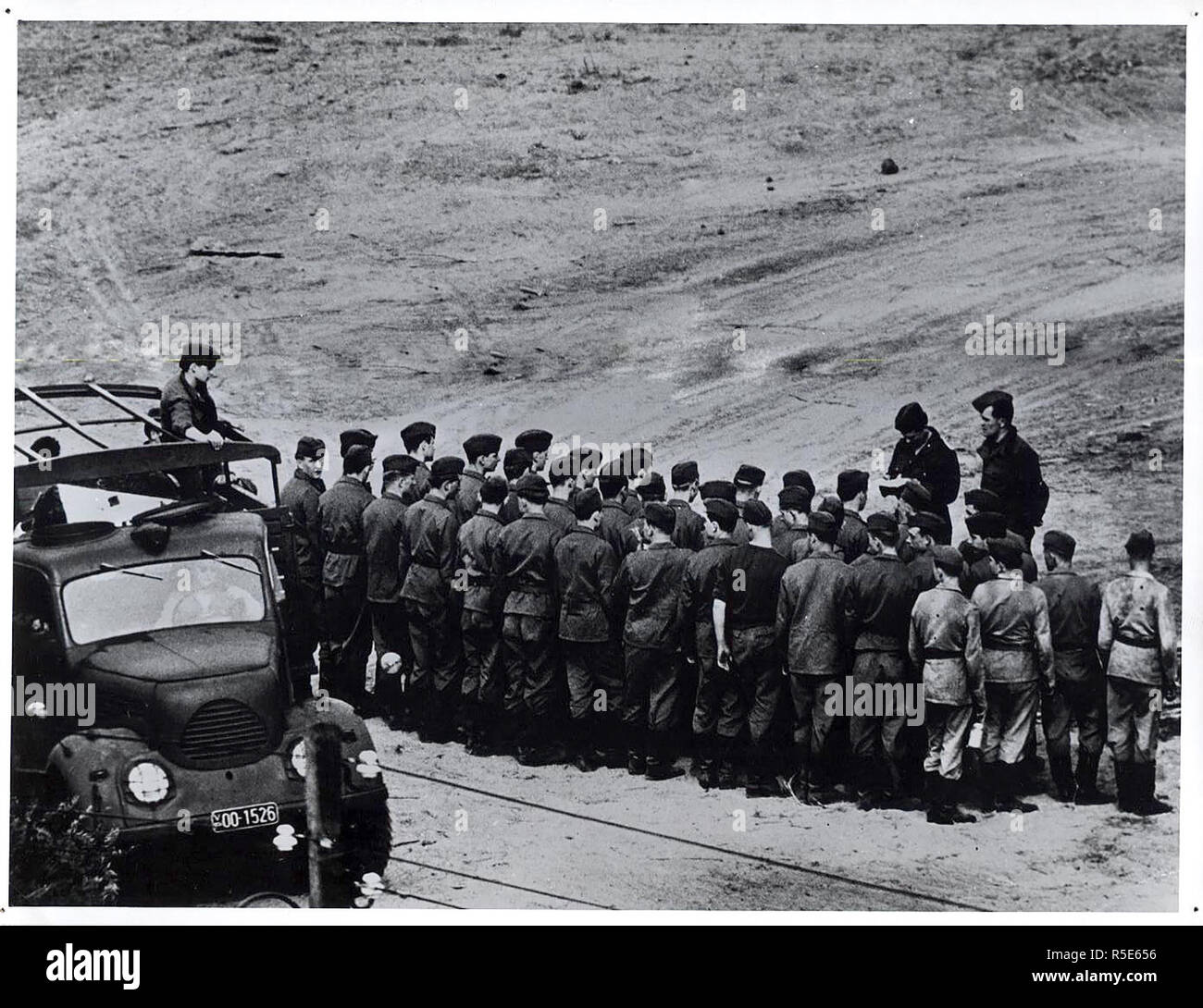 October 1961 - Young Soldiers, Most of Them In Their Teens, Line Up for Roll Call Before Commencing Their Day's Work Clearing Death Strip Stock Photo