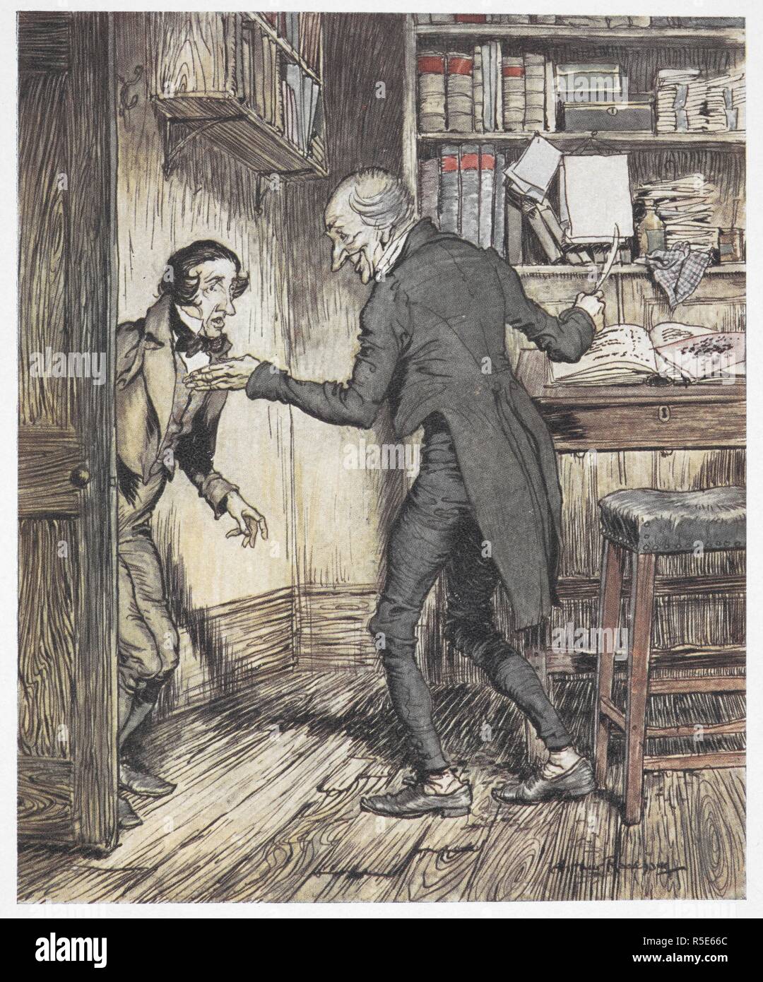 Scrooge writing in his office as another man enters. A Christmas Carol ... Illustrated by Arthur Rackham. London; J. B. Lippincott Co. Philadelphia : Wiiliam Heinemann, 1915. 'Now, I'll tell you what, my friend,' said Scrooge. 'I am not going to stand this sort of thing any longer.'. Source: 012622.g.37. opposite page 146. Author: RACKHAM, ARTHUR. DICKENS, CHARLES. Stock Photo