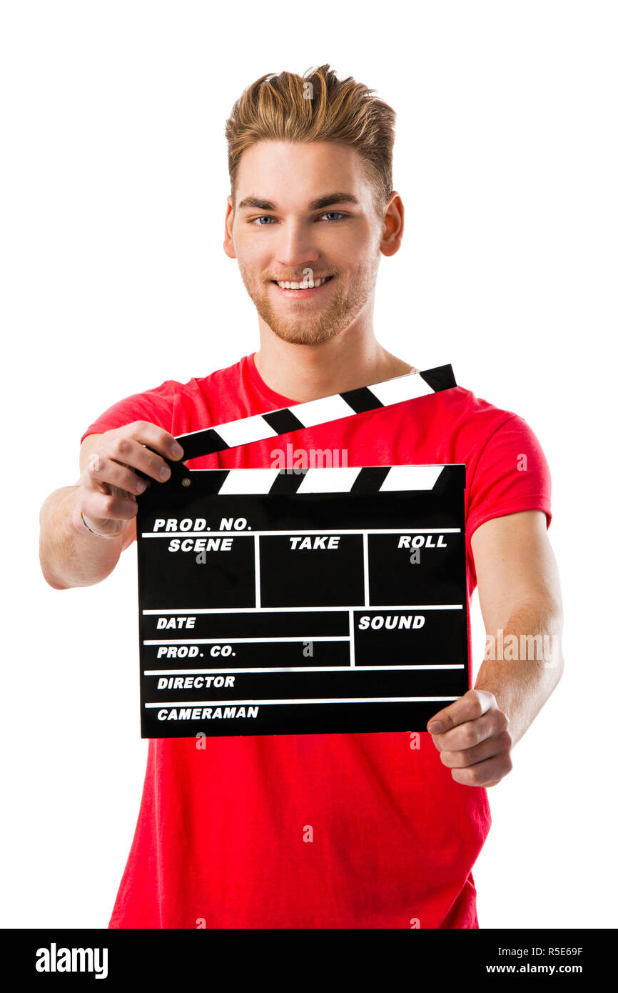 Young man holding a clapboard Stock Photo