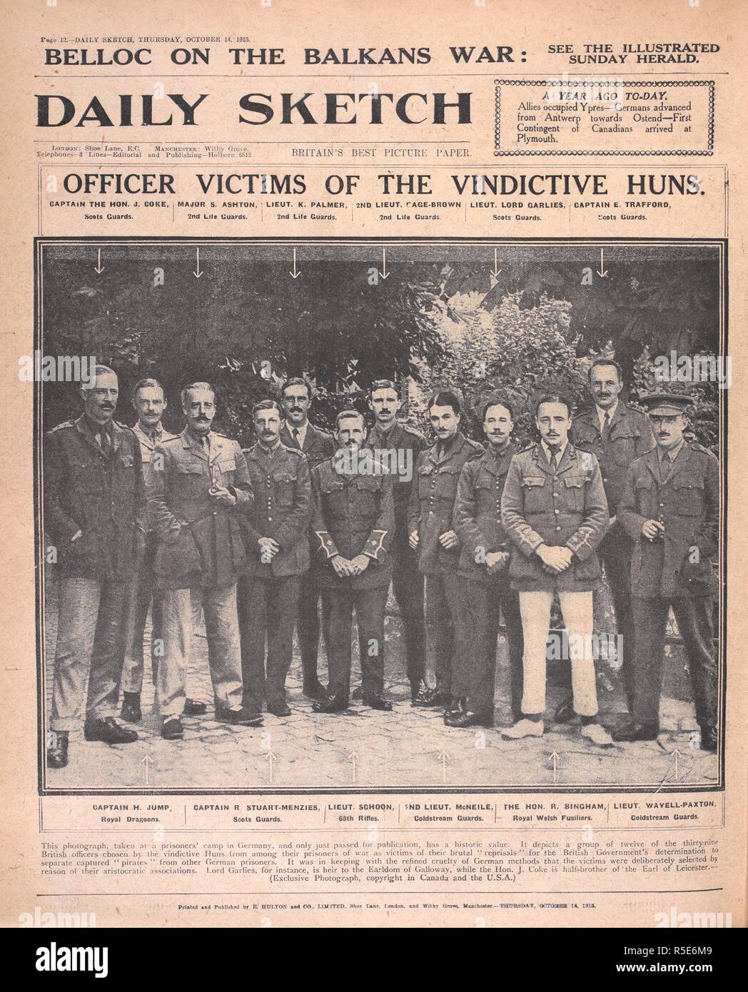 'Officer victims of the vindictive Huns'. A photograph taken at a prisoner of war camp in Germany. Daily Sketch. London, 1915. Source: Daily Sketch, 14 October 1915. Stock Photo
