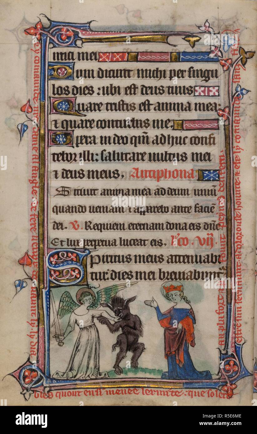 Bas-de-page scene of a sword-wielding angel leading the devil before the Virgin Mary, with a caption reading, â€˜Cy comaunde n[ost]re dame a langle de fere venyr devaunt ly ly diables quout ensi menee lermite que soleit estre sun servaunt a dolorouse hounte et ele ly comaunde sanz fin au plu fort et p[ar] fount peynes denfernâ€™. Book of Hours, Use of Sarum ('The Taymouth Hours'). England, S. E.? (London?); 2nd quarter of the 14th century. Source: Yates Thompson 13, f.178v. Language: Latin and French. Stock Photo