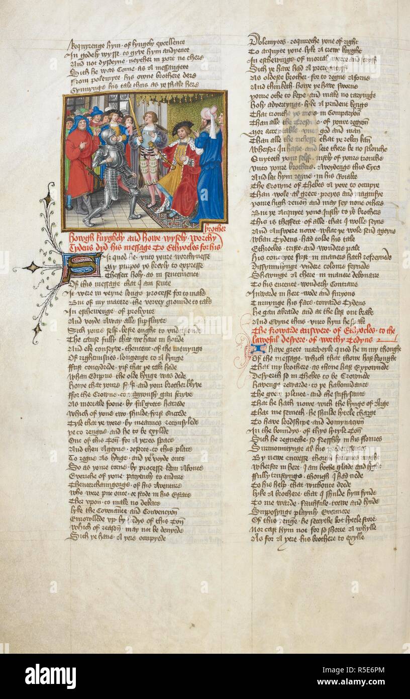 Miniature of Eteocles receiving Tydeus. Siege of Thebes. England [London?]; circa 1455-1462. Source: Royal 18 D. II, f.153v. Language: Middle English. Author: LYDGATE, JOHN. Stock Photo