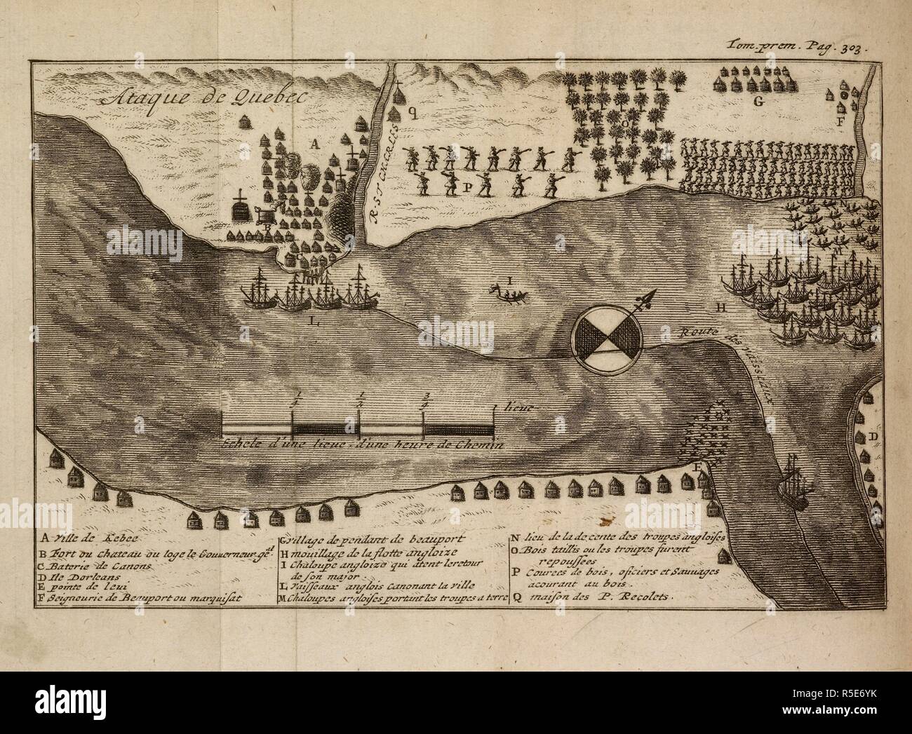 Ataque de Quebec. A plan of the forts of Quebec, and military action. Voyages ... dans lâ€™AmeÌrique septentrionale ... Le tout enrichi de cartes & de figures ... Seconde eÌdition, revueÌˆ, corrigeÌe, & augmenteÌe. Amsterdam, 1705. Source: 979.a.24, 25. Language: French. Stock Photo