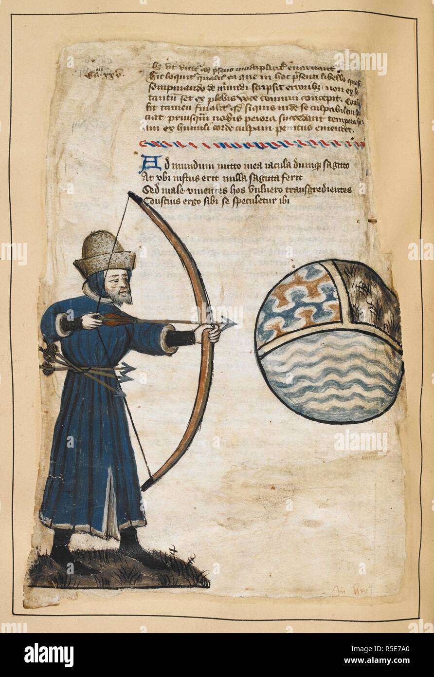 (Whole folio) Archer (John Gower?) in long blue tunic and hat, with arrows thrust into his belt, shooting at a tripartite globe. Four lines of verse above, concerning the author as a satirist, shooting arrows at the world, so as to strike the wicked. Vox Clamantis. England; circa 1408. Source: Cotton Tiberius A. IV, f.9v. Language: Latin. Stock Photo