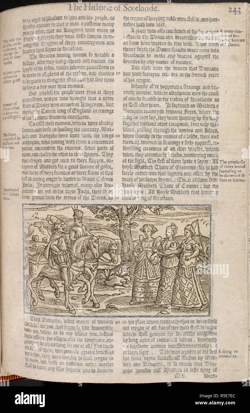Macbeth and Banquo meeting the three witches. The Three Witches or 'Weird' Sisters (as called in these chronicles) are the characters in William Shakespeare's play Macbeth. . The firste volume of the chronicles of England, Scotlande, and Irelande ... London : Imprinted for John Harrison, 1577. Source: 598.h.3-4. Author: Raphael Holinshed. Stock Photo