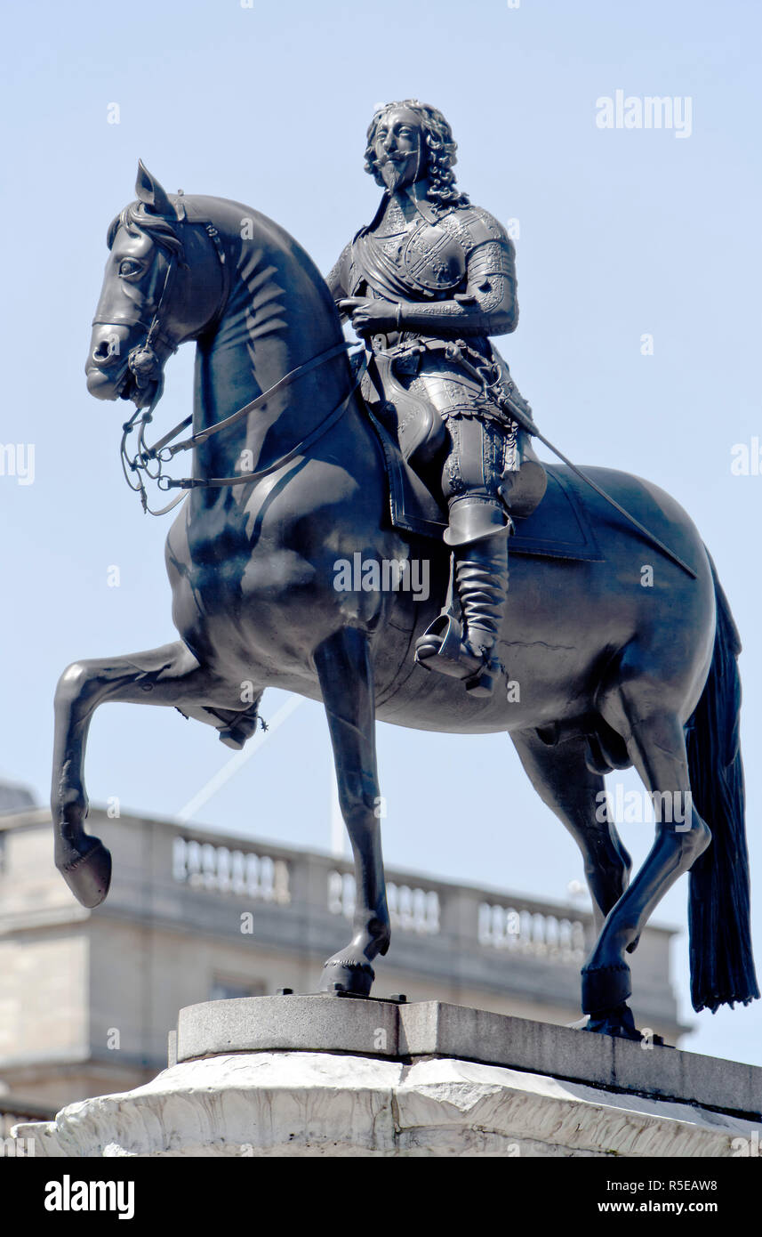 Equestrian statue of King Charles 1st in Trafalgar Square, London,UK. created by French sculptor Hubert Le Sueur in1633. Stock Photo