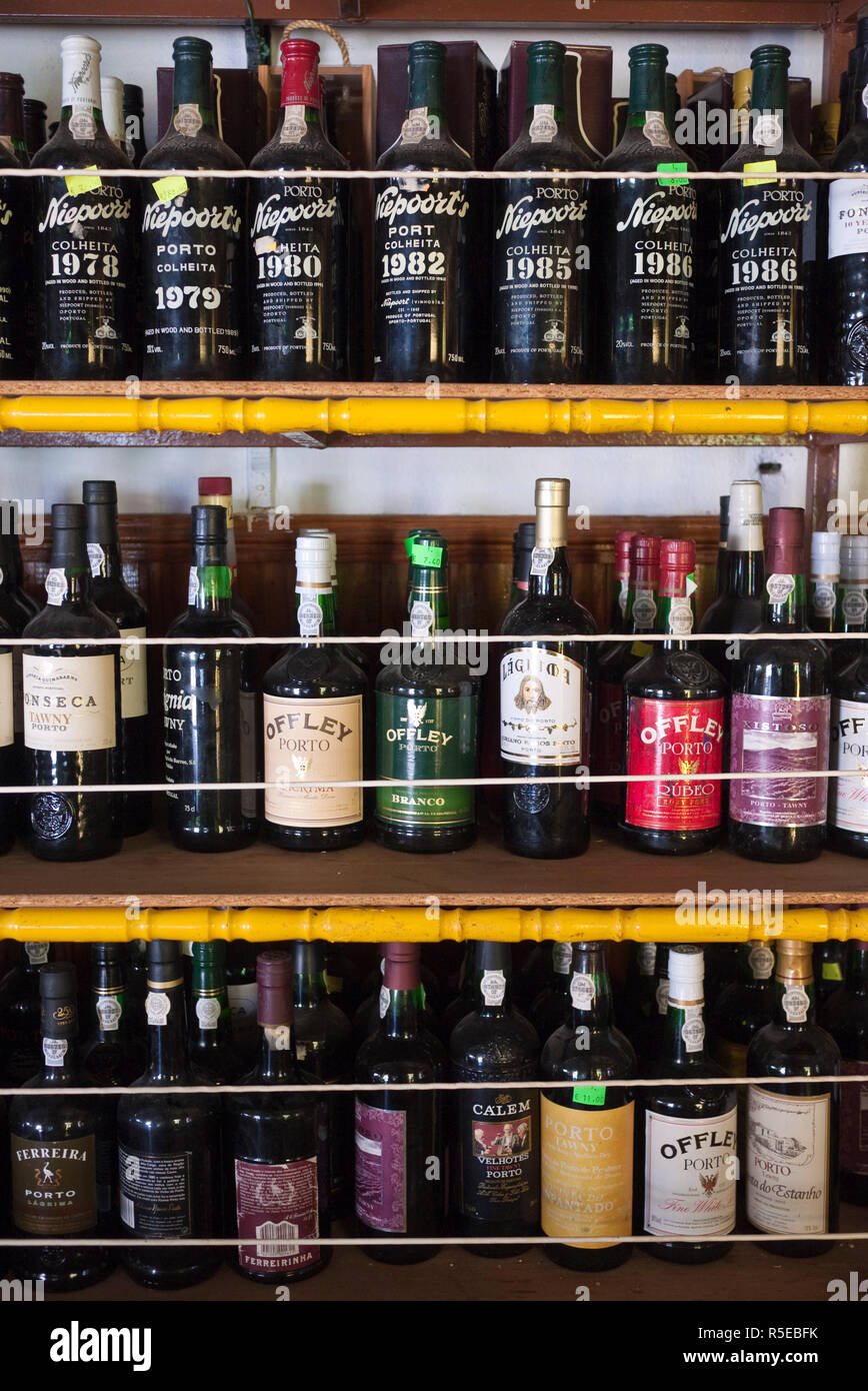 Port wine bottles on display, Alte village, Algarve, Portugal Stock Photo