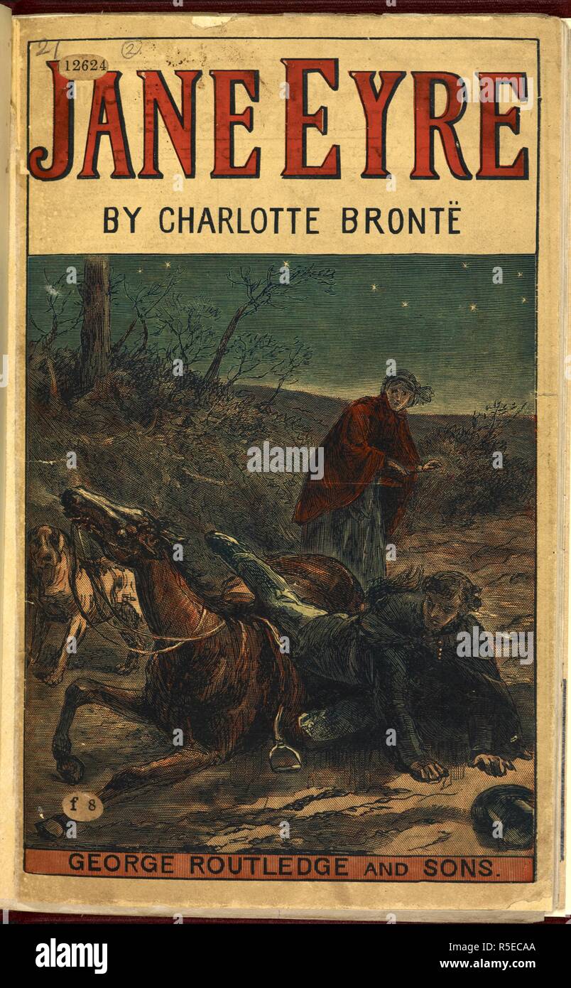 Colour illustration. Edward Rochester with his fallen horse, in front of Jane Eyre. The first encounter of the two main characters of the novel. Jane Eyre. London : G. Routledge & Sons, 1889. Source: 12624.f.8, (2.) p. front cover. Author: BrontÃ«, Charlotte. Stock Photo