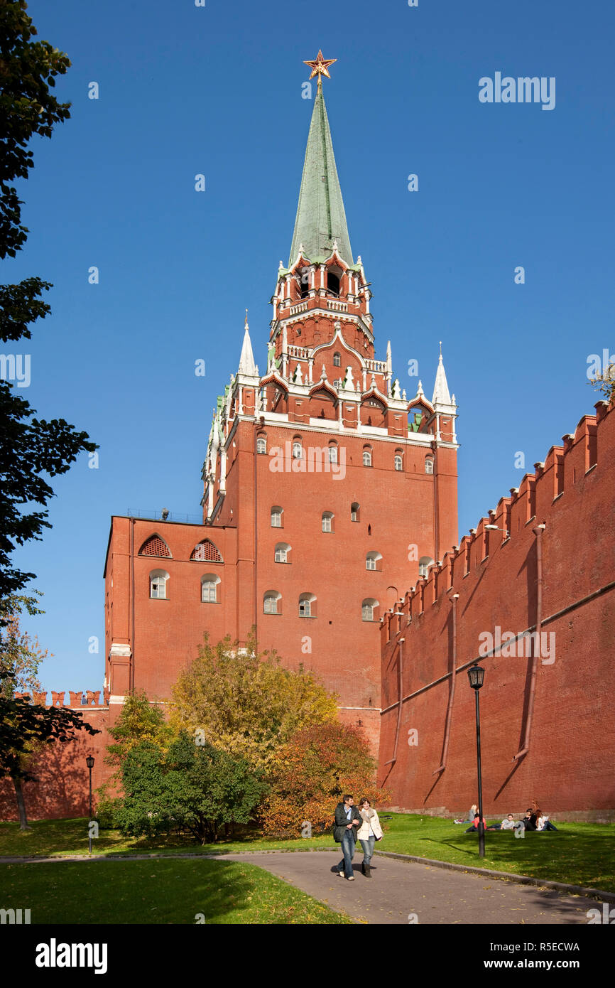Kremlin Wall and Trinity Tower, Alexander Gardens, Moscow, Russia Stock Photo