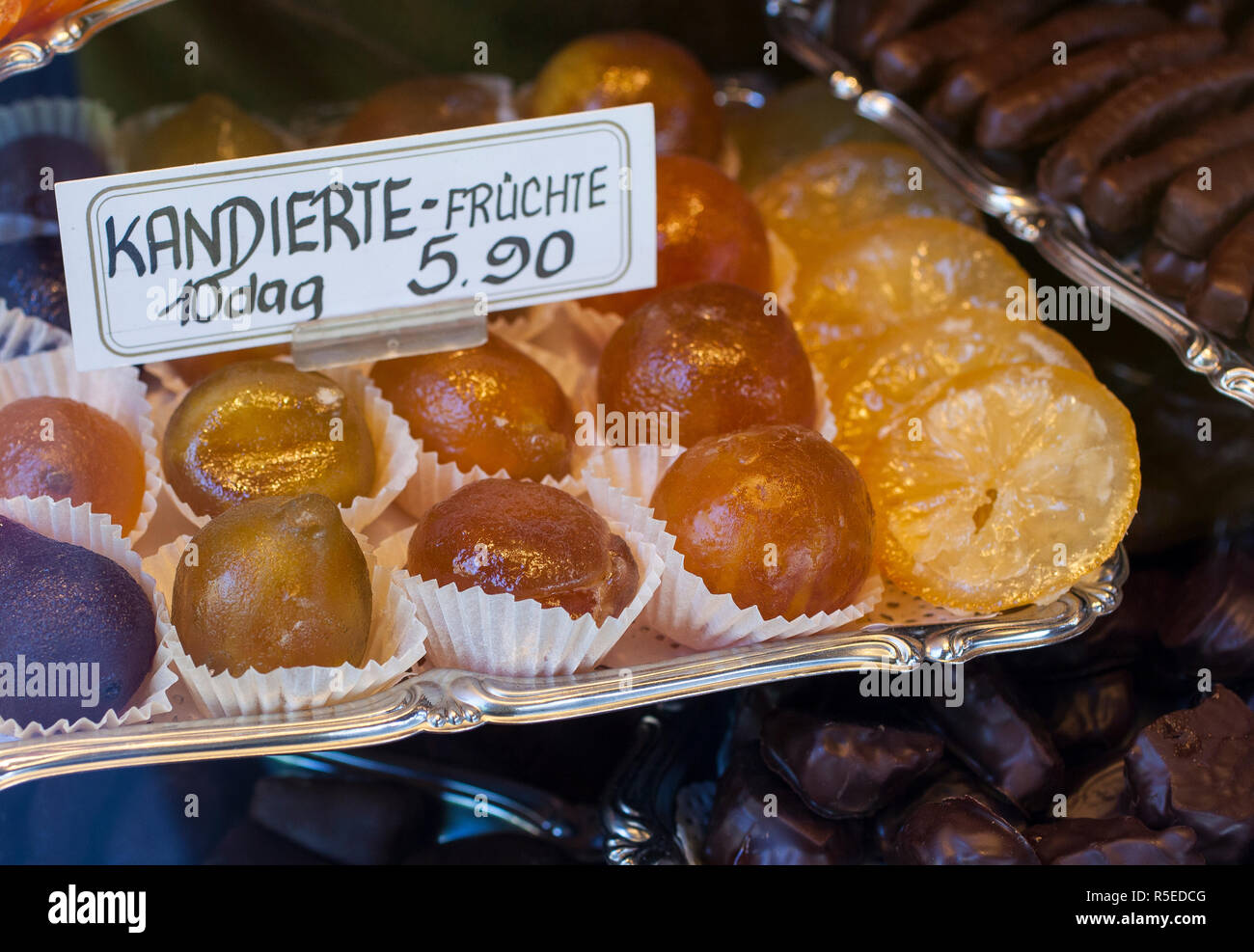 Candied fruit, also known as crystallized fruit or glacé fruit, Stock Photo