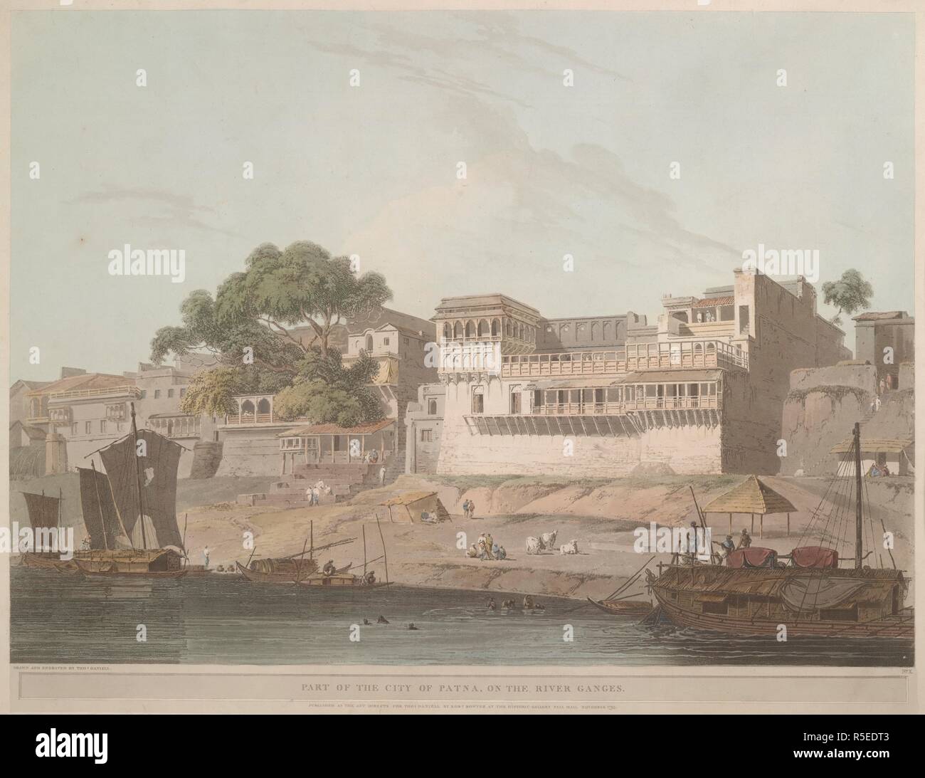 Part of the city of Patna on the River Ganges. The larger building is a house belonging to a Hindoo merchant. 1795. Coloured aquatint. Source: P920. Language: English. Author: DANIELL, THOMAS. Stock Photo