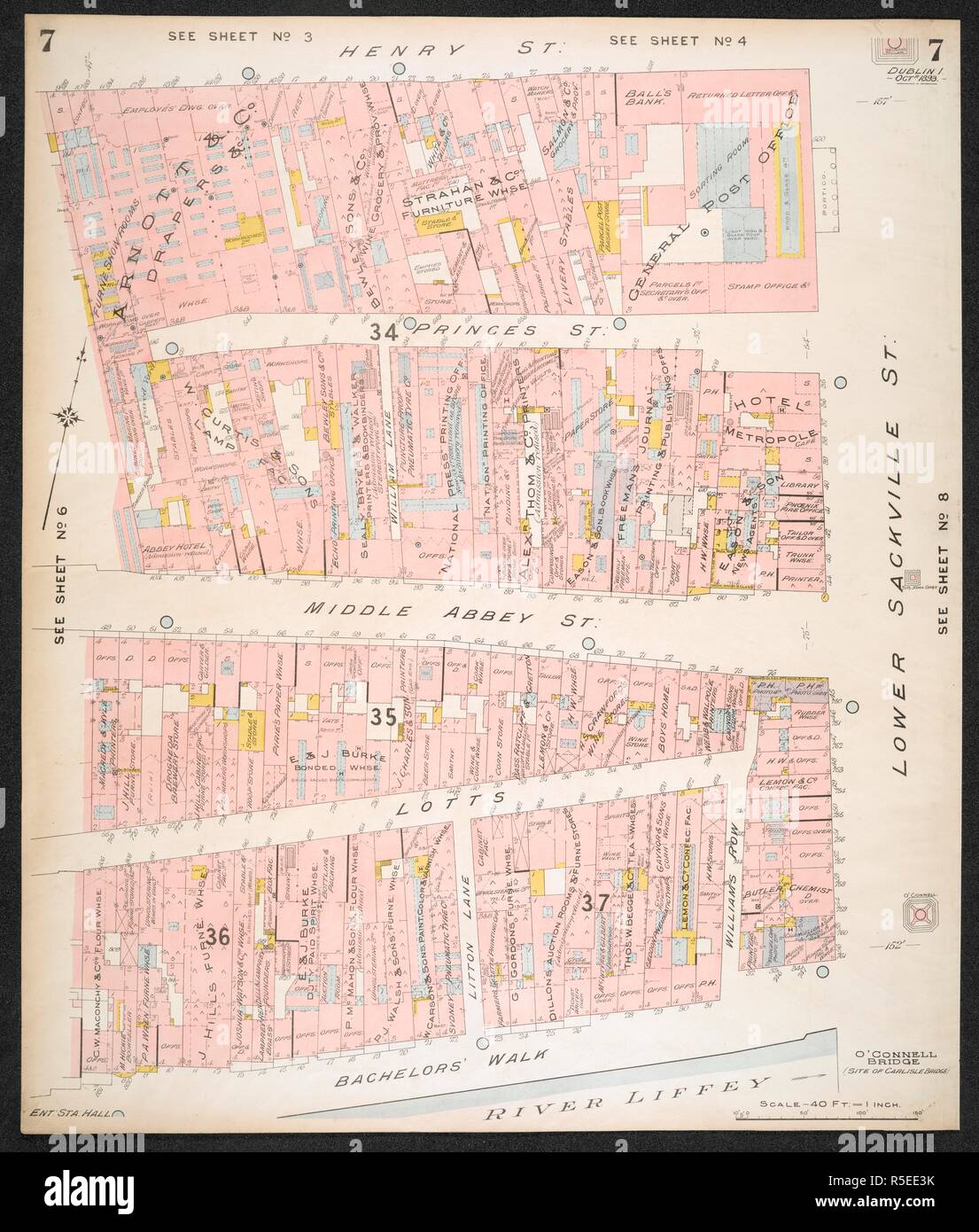 Section of an insurance Plan of the City of Dublin, showing Henry street; Princes street; Middle Abbey street; Lotts; Bachelor's walk, and the River Liffey. Insurance Plan of the City of Dublin ... [By] C.E. Goad ... Scale, 40 ft. = 1 inch ... Key-Plan, 600 ft. = 1 inch. Vol. 1. London : C.E. Goad, 1893. fol.; Scale, 40 ft. = 1 inch ... Key-Plan, 600 ft. = 1 inch. Source: Maps.145.b.4.(2) sheet 7. Stock Photo