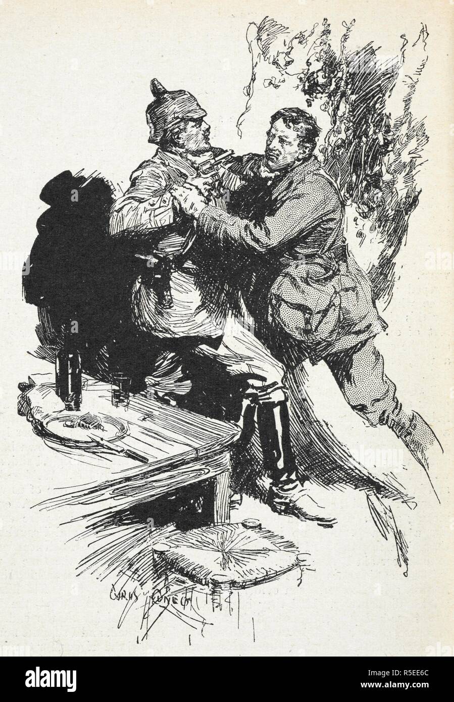 Illustration to a story by 'Sapper', 'the motor-gun'. A British and German soldier grappling with each. A story of the first world war. The Strand magazine : an illustrated monthly / edited by G. Newnes. London : George Newnes. 1916. Source: P.P.6004.glk volume LI, no.306. Page 616. Author: McNeile, H. C.Cuneo, Cyrus. Stock Photo