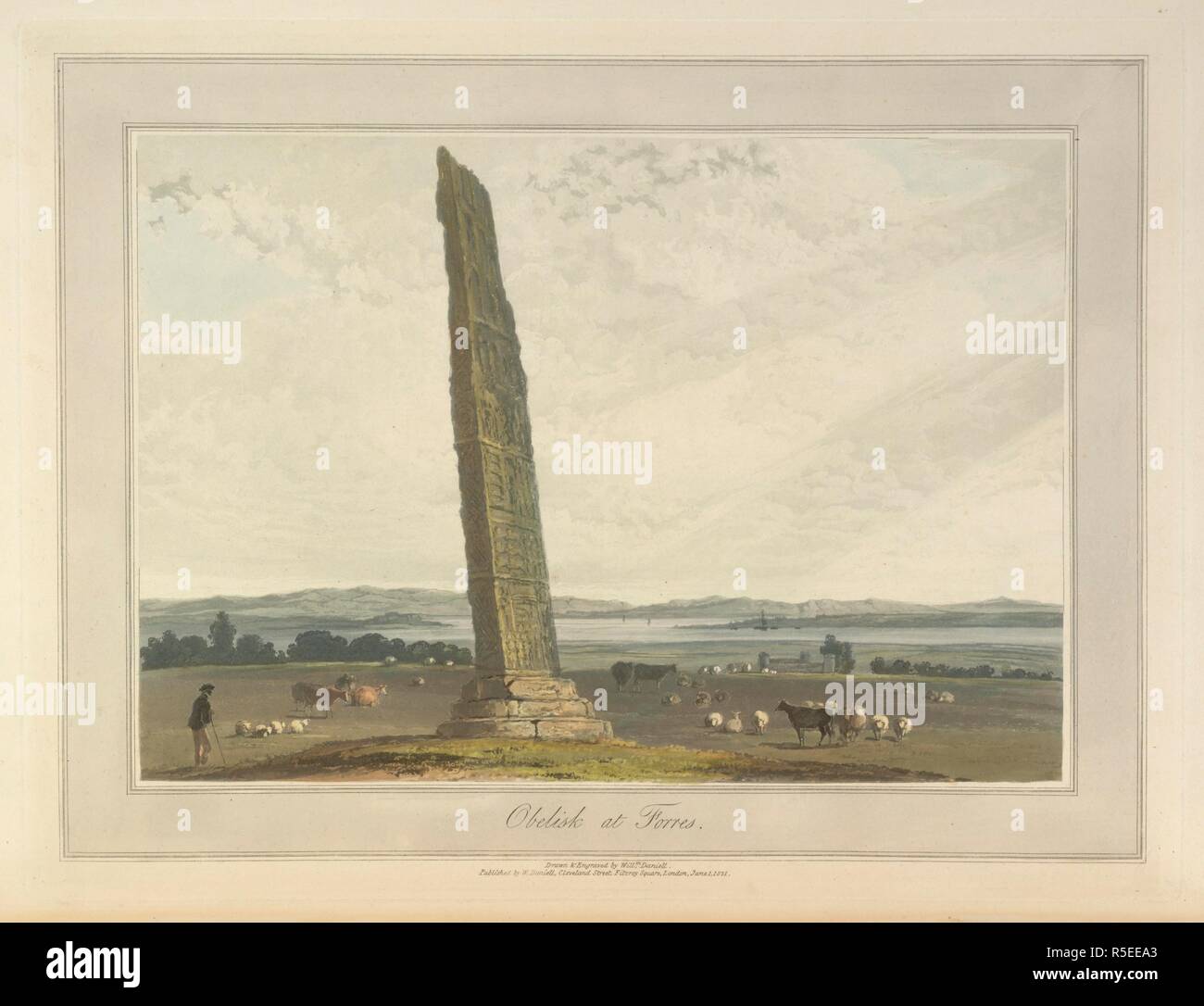 A huge standing stone or obelisk at Forres. The coastline and landscape of Great Britain. Drawn and engraved by William Daniell. A Voyage round Great Britain undertaken in the summer of the year 1813. With a series of views illustrative of the character and prominent features of the coast, drawn and engraved by William Daniell. Longman: London, 1814-25. Source: G.7045 plate 174. Language: English. Author: DANIELL, WILLIAM. AYTON, RICHARD. Stock Photo