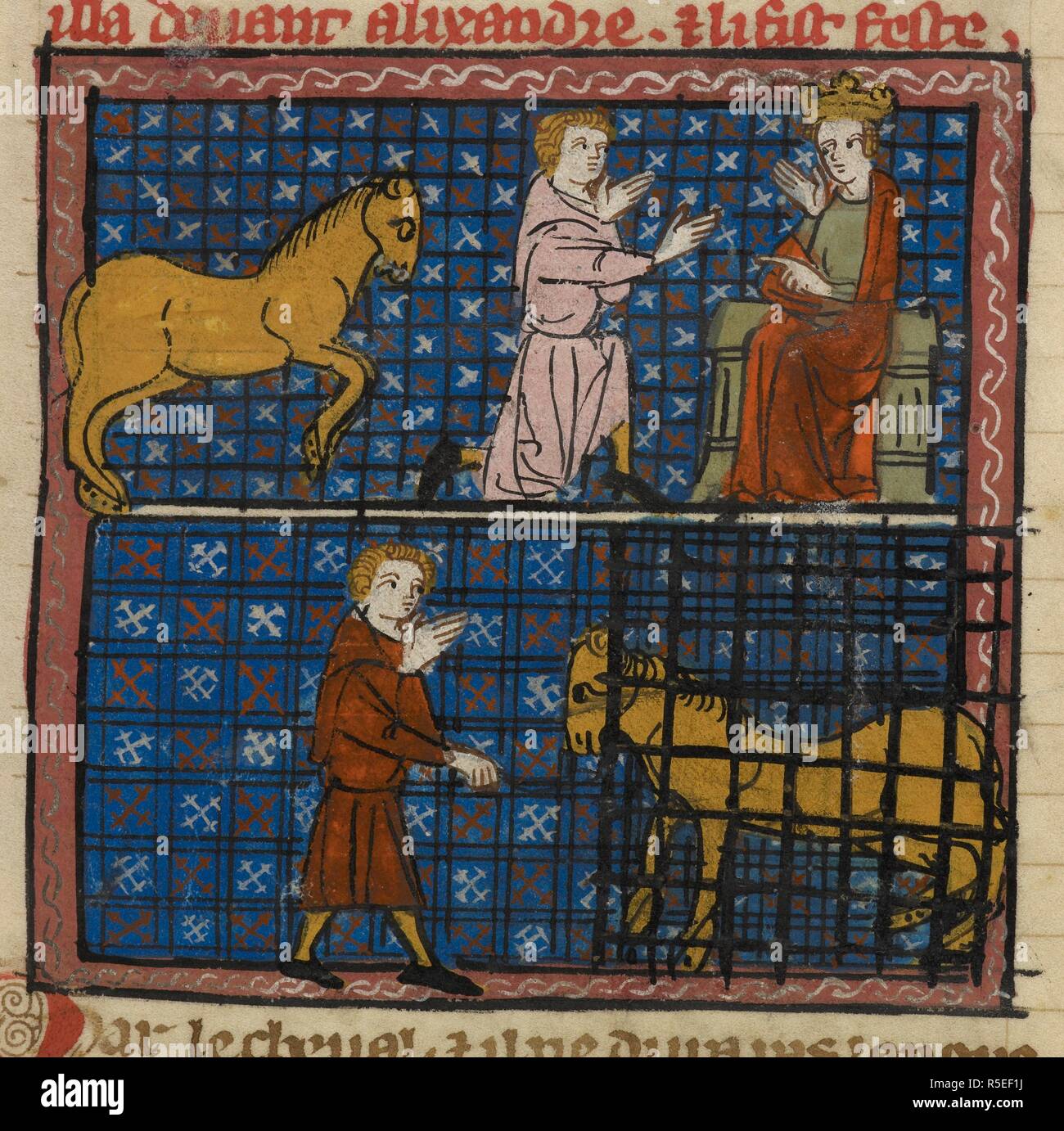 Bucephalus, the horse, and a subject kneeling to Alexander;  A servant tends to the Bucephalus in a cage. Historia de proeliis, or, La vraie ystoire dou bon roi Alixandre, and other romances. France, Central (Paris). 2nd quarter of the 14th century, after 1333. Alexander the Great, and his famous horse, Bucephalus. Source: Royal 19 D. I f.6. Language: French. Stock Photo