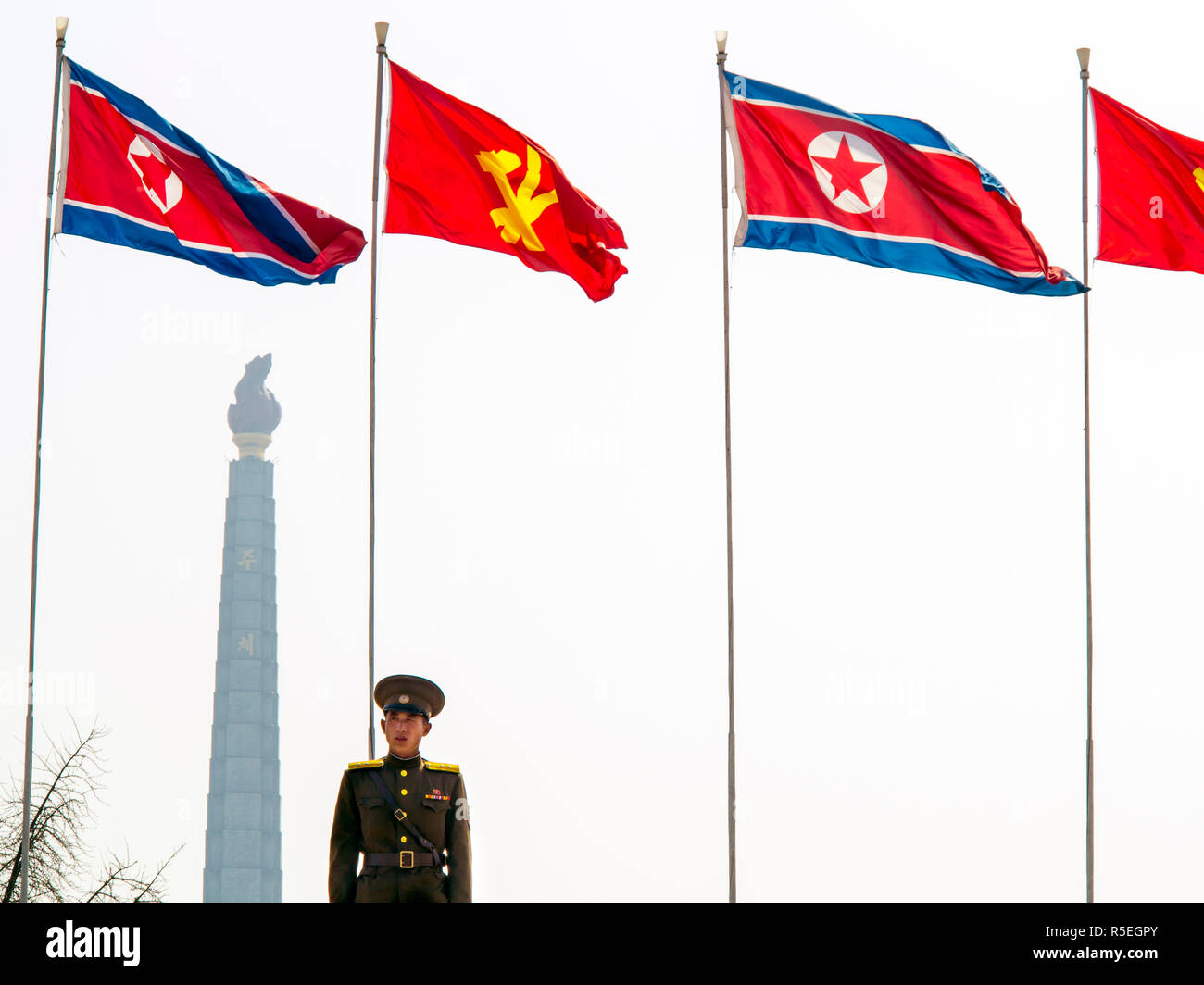 Democratic Peoples's Republic of Korea (DPRK), North Korea, Pyongyang, Juche Tower (symbol of the Juche Idea, penned by Kim Il Sung) Stock Photo