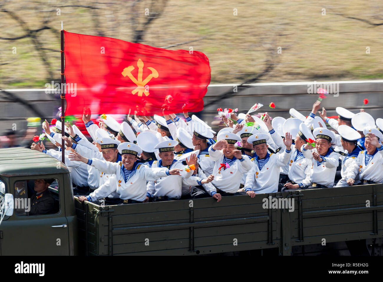 Democratic Peoples's Republic of Korea (DPRK), North Korea, Pyongyang, Military parade during street celebrations on the 100th anniversay of the birth of President Kim IL Sung, April 15th 2012 Stock Photo