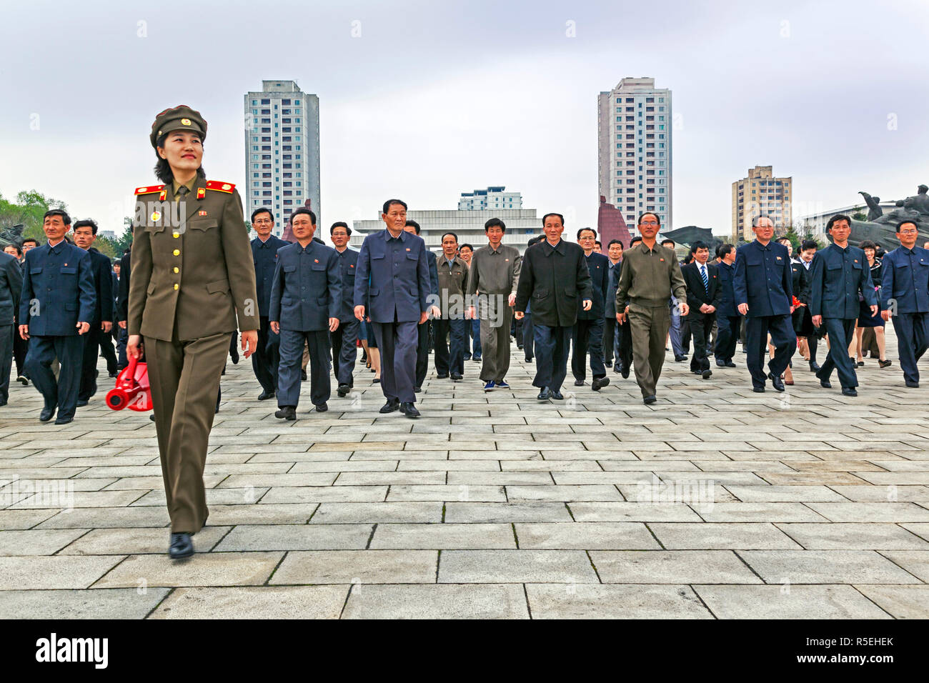 Democratic Peoples's Republic of Korea (DPRK), North Korea, Pyongyang, People coming to pay respects at the Monument to the Victorious Fatherland Liberation war Stock Photo