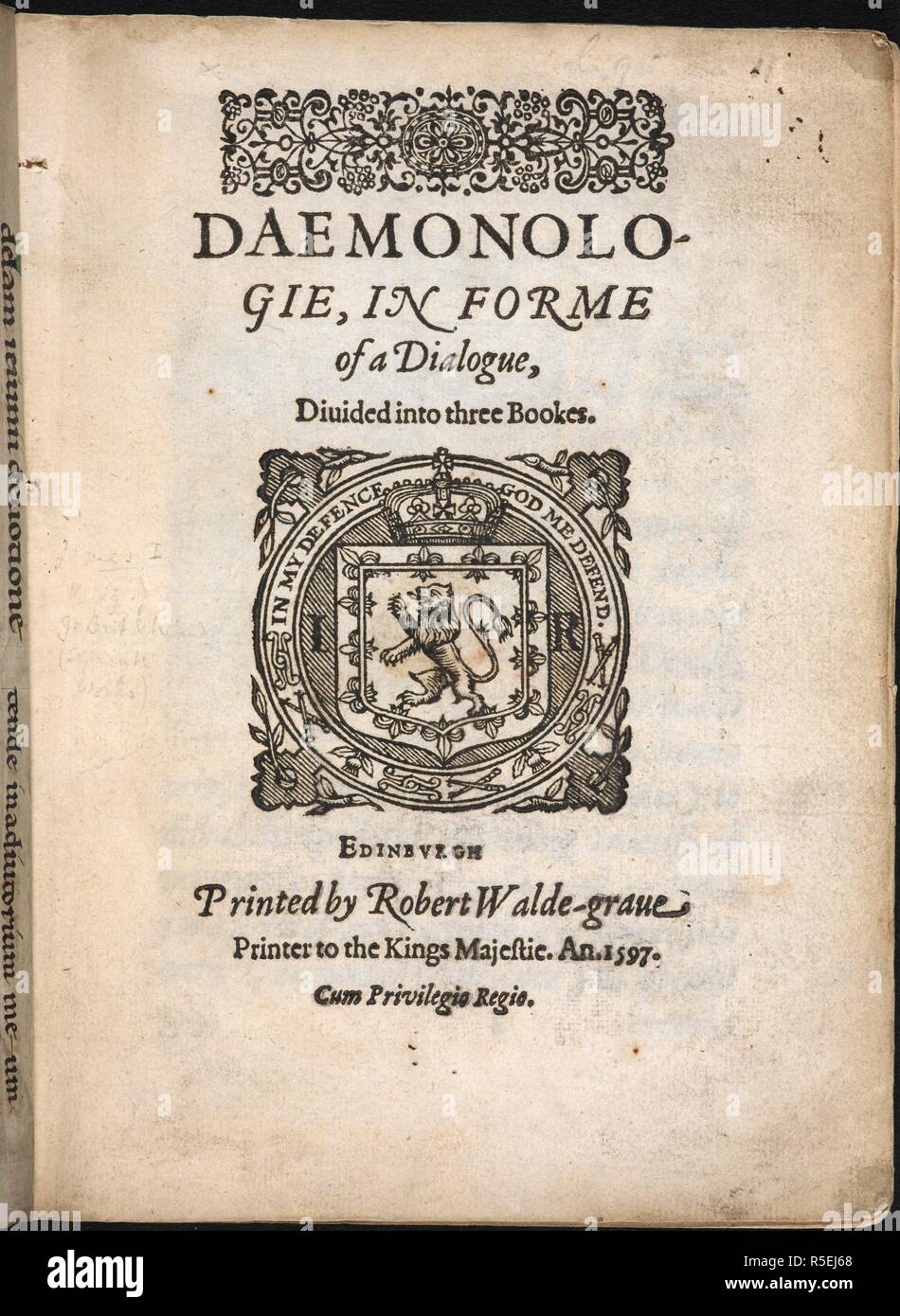 Title page bearing a coat of arms. DÃ¦monologie, in forme of a dialogue, divided into three Bookes. Edinburgh : R. Walde-grave, 1597. Source: C.95.aa.11 title page. Author: James I, King England and Scotland. Stock Photo