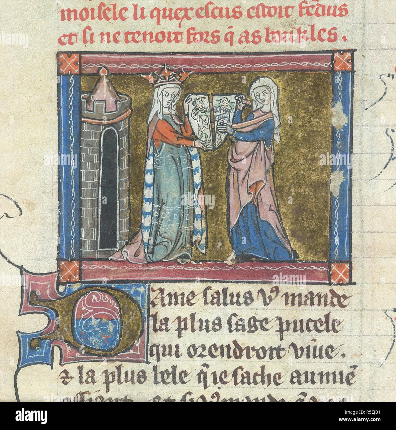 Guinevere with the cleft shield. Le Livre de Lancelot del Lac. France; circa 1316. (Miniature) Queen Guinevere and the maiden sent by the Lady of the Lake. They are holding the cleft shield which would close when the knight depicted on it gained the lady's love.  Image taken from Le Livre de Lancelot del Lac.  Originally published/produced in France; circa 1316. . Source: Add. 10293, f.90v. Language: French. Stock Photo