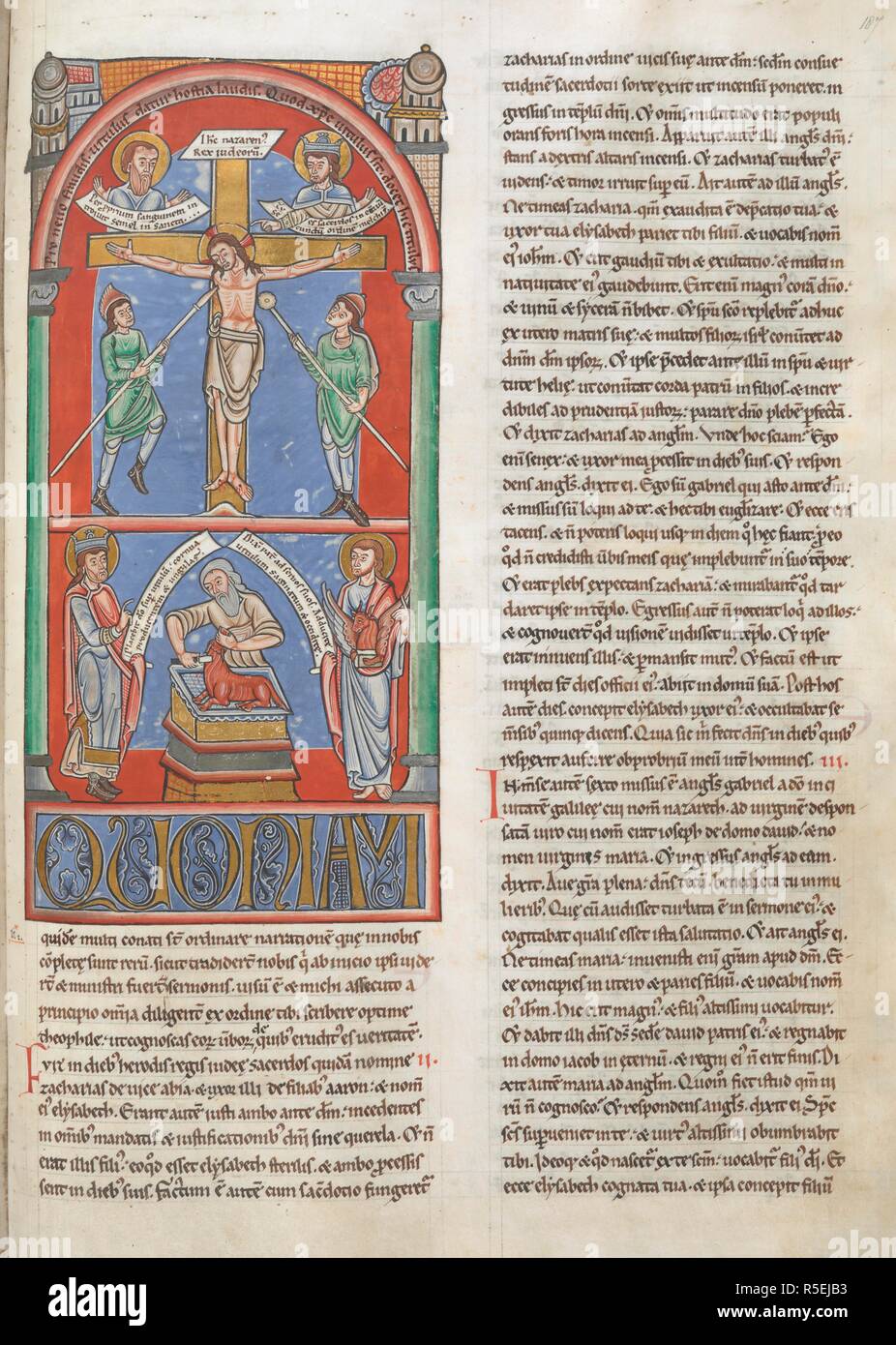Incipit to St Luke's Gospel. Christ on the cross, below, sacrifice of a calf as recorded in the Old Testament, with David and St Luke on either side. Bible ('The Floreffe Bible'), vol. II (Job - Revelation). Meuse Valley; circa 1155. Source: Add. 17738, f.187. Language: Latin. Stock Photo