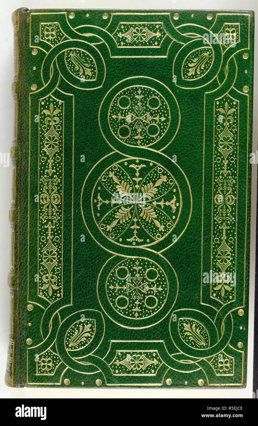 Green binding.  Goatskin; Tooled in gold; Frame; Panel design. Il Decameron. Berlin, 1829. 146 x 89 x 34 mm. Source: C.29.c.4 upper cover / binding. Author: BOCCACCIO, GIOVANNI. Stock Photo
