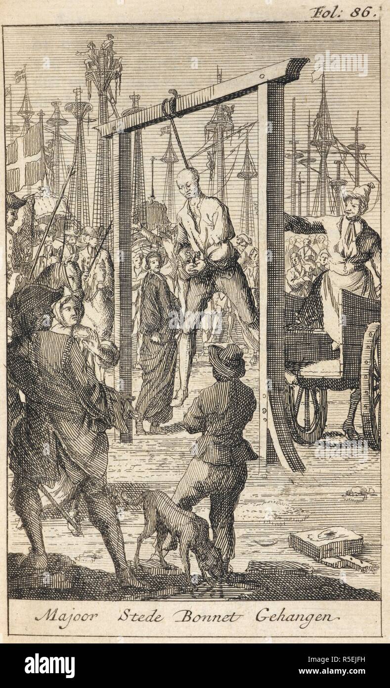 The execution in 1718 of Stede Bonnet, known as 'the gentleman pirate'. Illustration showing him being hanged at the gallows. A General History of the Pirates ... Historia der Engelsche Zee-Roovers ... Amsterdam, 1725. Source: 9555.aaa.1, page 86. Author: Defoe, Daniel (Johnson, Captain Charles, pseud. ). Stock Photo
