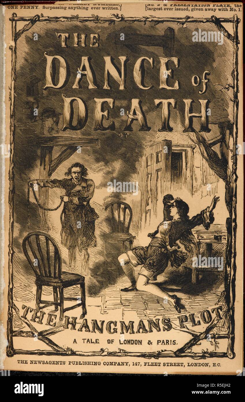 A male figure holding a hangman's noose. A frightened woman sitting in a chair. The Dance of Death; or, the Hangman's plot. A thrilling romance of two cities. London, 1866. Illustration. Source: C.140.aa.10, wrapper. Language: English. Author: Brownlow, Detective, and Tuevoleur, Sergeant. Stock Photo