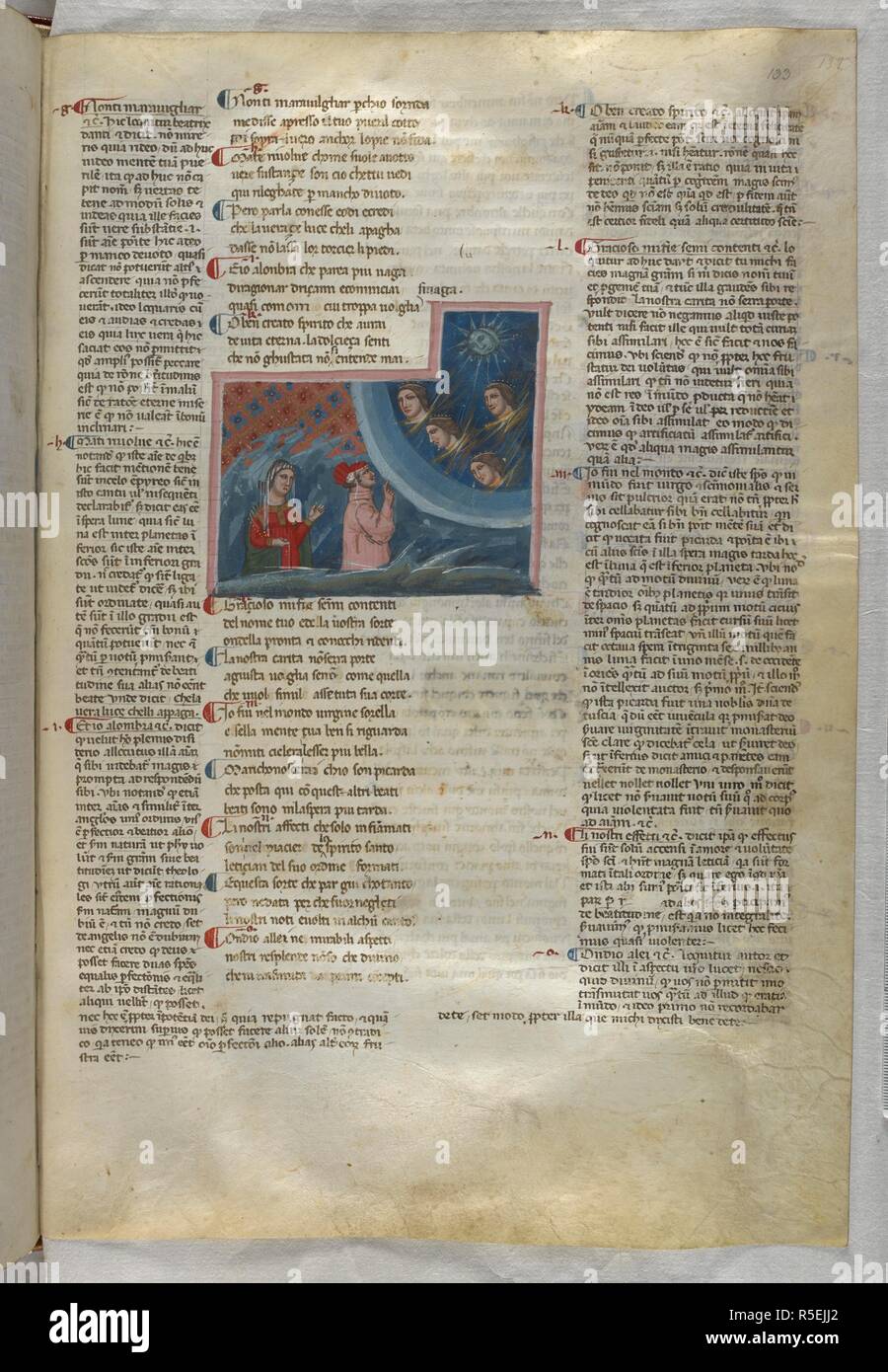 Paradiso : Dante addresses Piccarda Donati in heaven. Dante Alighieri, Divina Commedia ( The Divine Comedy ), with a commentary in Latin. 1st half of the 14th century. Source: Egerton 943, f.133. Language: Italian, Latin. Stock Photo