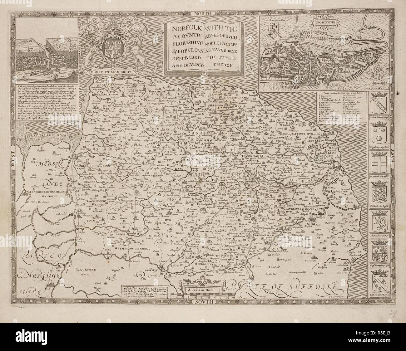 A county map of Norfolk and East Anglia. . A collection of 37 Maps of the counties of England. London. H. Overton, 1714. A collection of 37 Maps of the counties of England, being reprints, of J. Speedâ€™s maps, by Henry Overton, together with those of P. Stent reprinted by John Overton, and maps of Derbyshire and Yorkshire engraved by S. Nicholls. Source: Maps.145.c.9 29. Language: Latin. Stock Photo