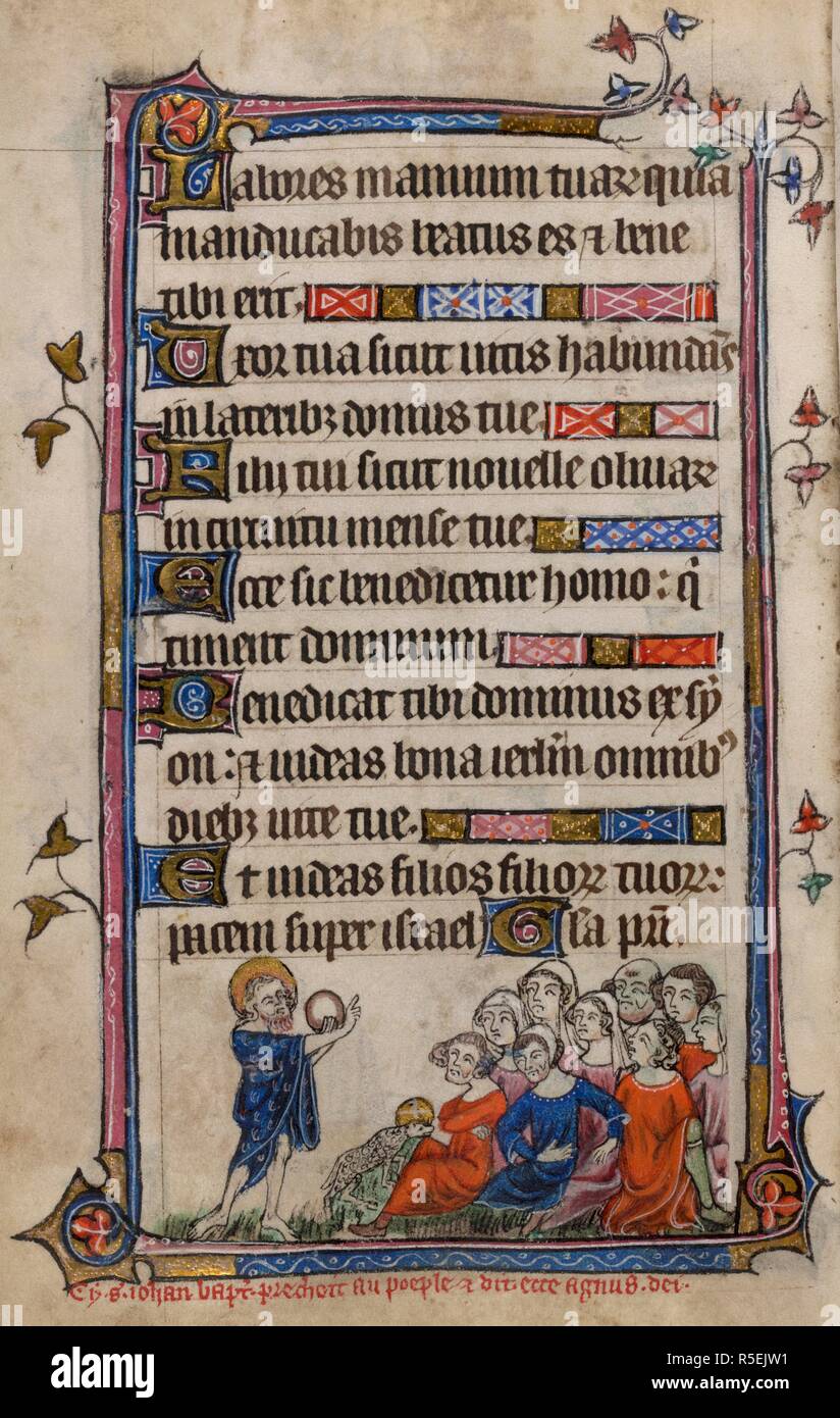 Bas-de-page scene of John the Baptist, holding a disk, preaching to a seated group, with a caption reading, â€˜Cy s[eint] iohan bapt[ist] prechoit au people et dit. Ecce agnus deiâ€™. Book of Hours, Use of Sarum ('The Taymouth Hours'). England, S. E.? (London?); 2nd quarter of the 14th century. Source: Yates Thompson 13, f.104v. Language: Latin and French. Stock Photo