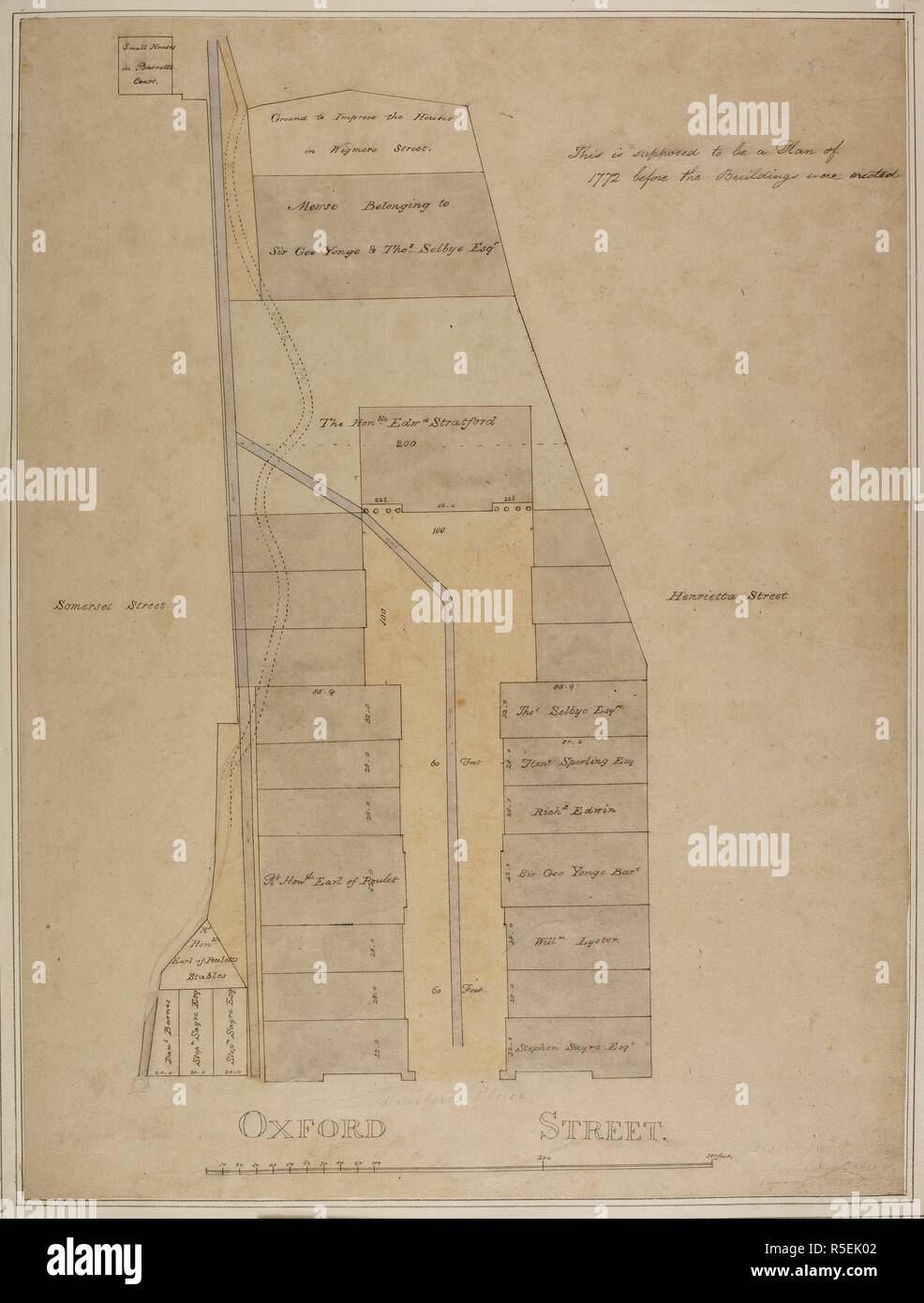 Drawn plan of Stratford Place, showing the houses &c. and the alteration of the sewer, 1772.  . 1772. [ca. 1800]. Pen and ink with wash on tracing paper with additions in pencil.   Copied from a plan of 1772; leaseholders' names and dimension of individual lots given; the course of Aye Brook indicated by pecked line.   1 plan : hand col. ; 45 x 33 cm; Scale not given.       . Source: Maps Crace.Port.14.24. Stock Photo
